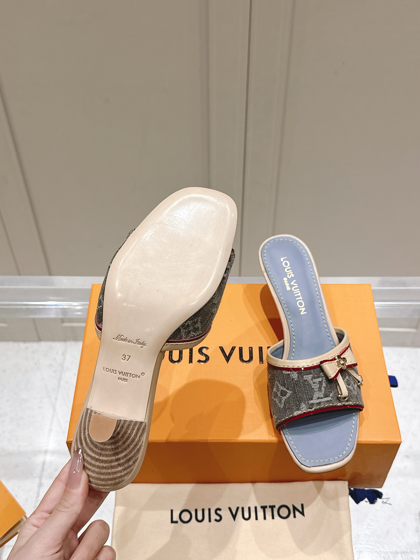 Louis Vuitton  Denim Monogram Mules Peep Toe Heels