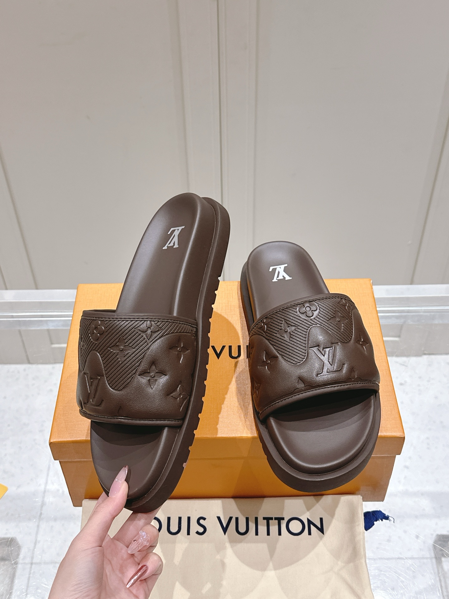 Louis Vuitton Embossed Monogram Slide Sandals Brown