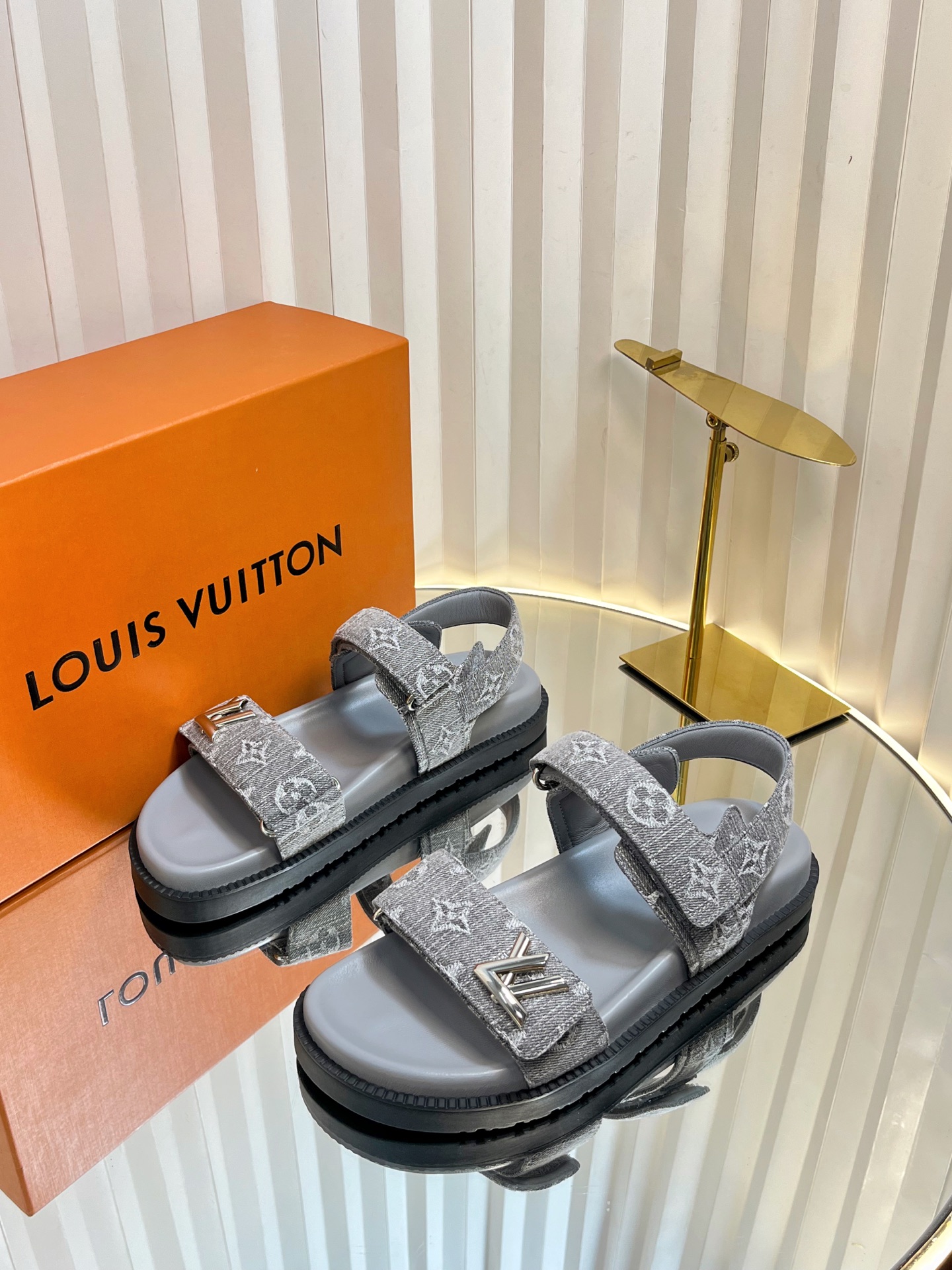 Louis Vuitton Gray Platform Sandals with Adjustable Straps