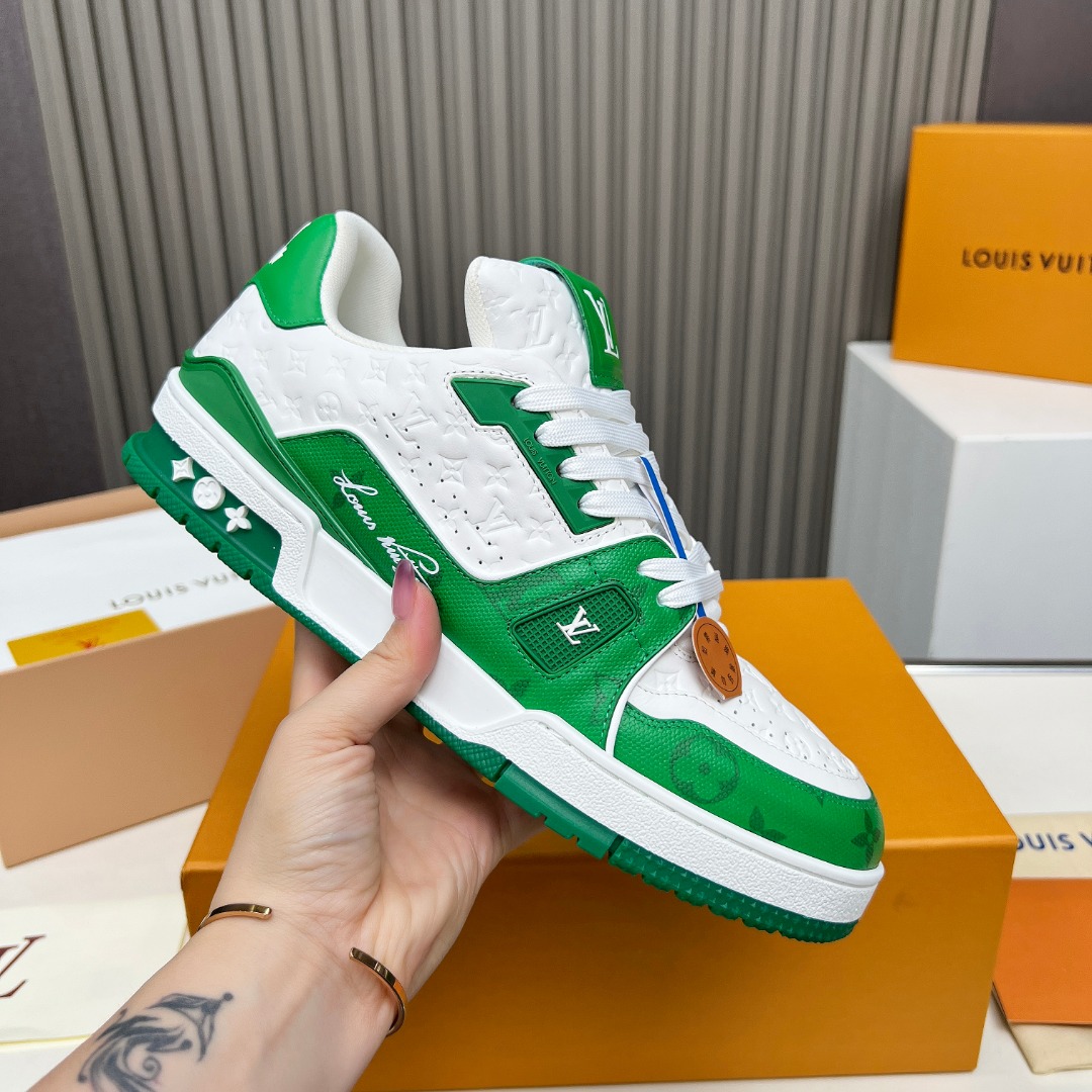 LV White & Emerald Green Leather Sneakers - Designer Low-Tops