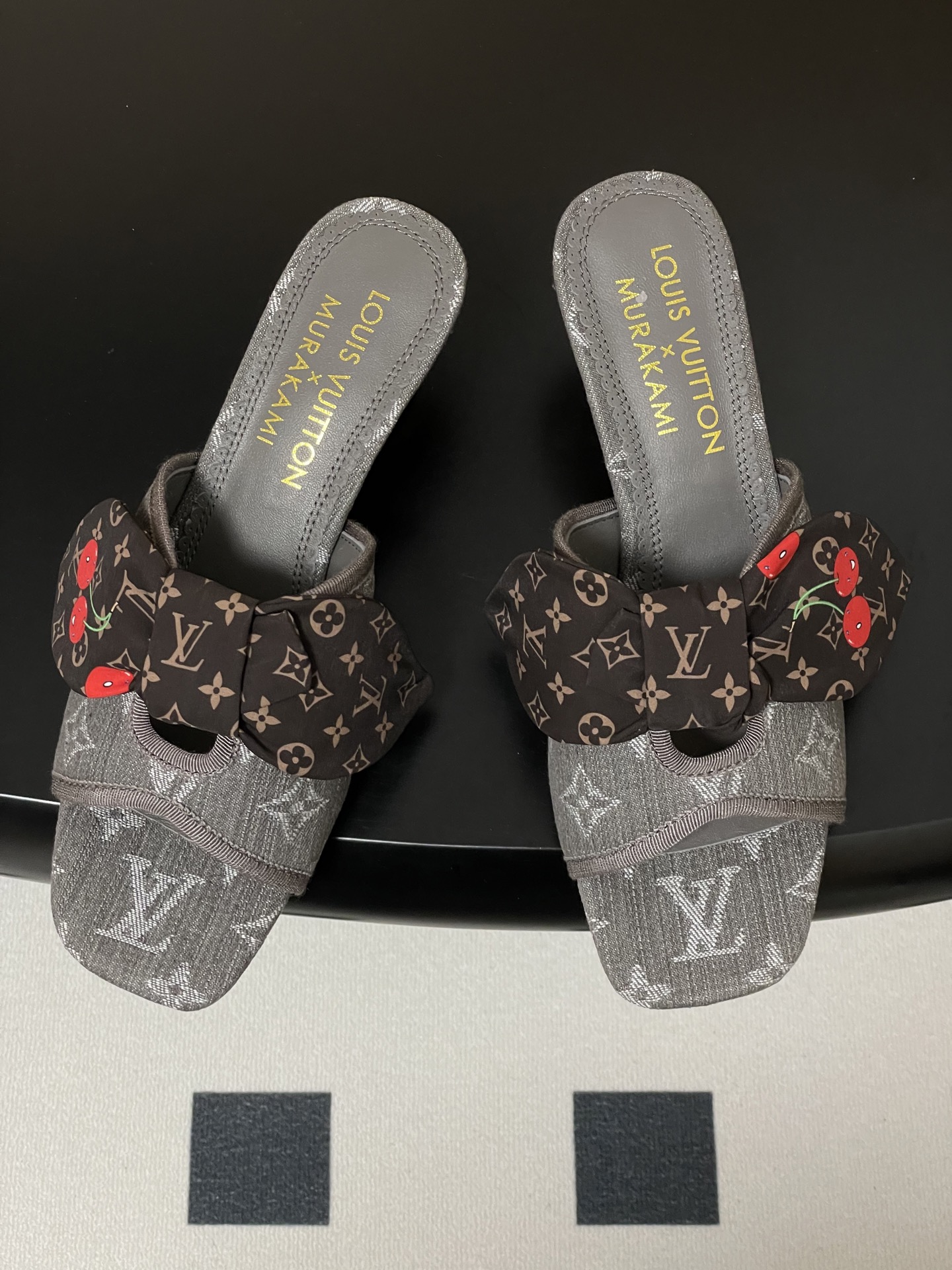 Louis Vuitton Grey Denim Cherry Bow Heel Sandals