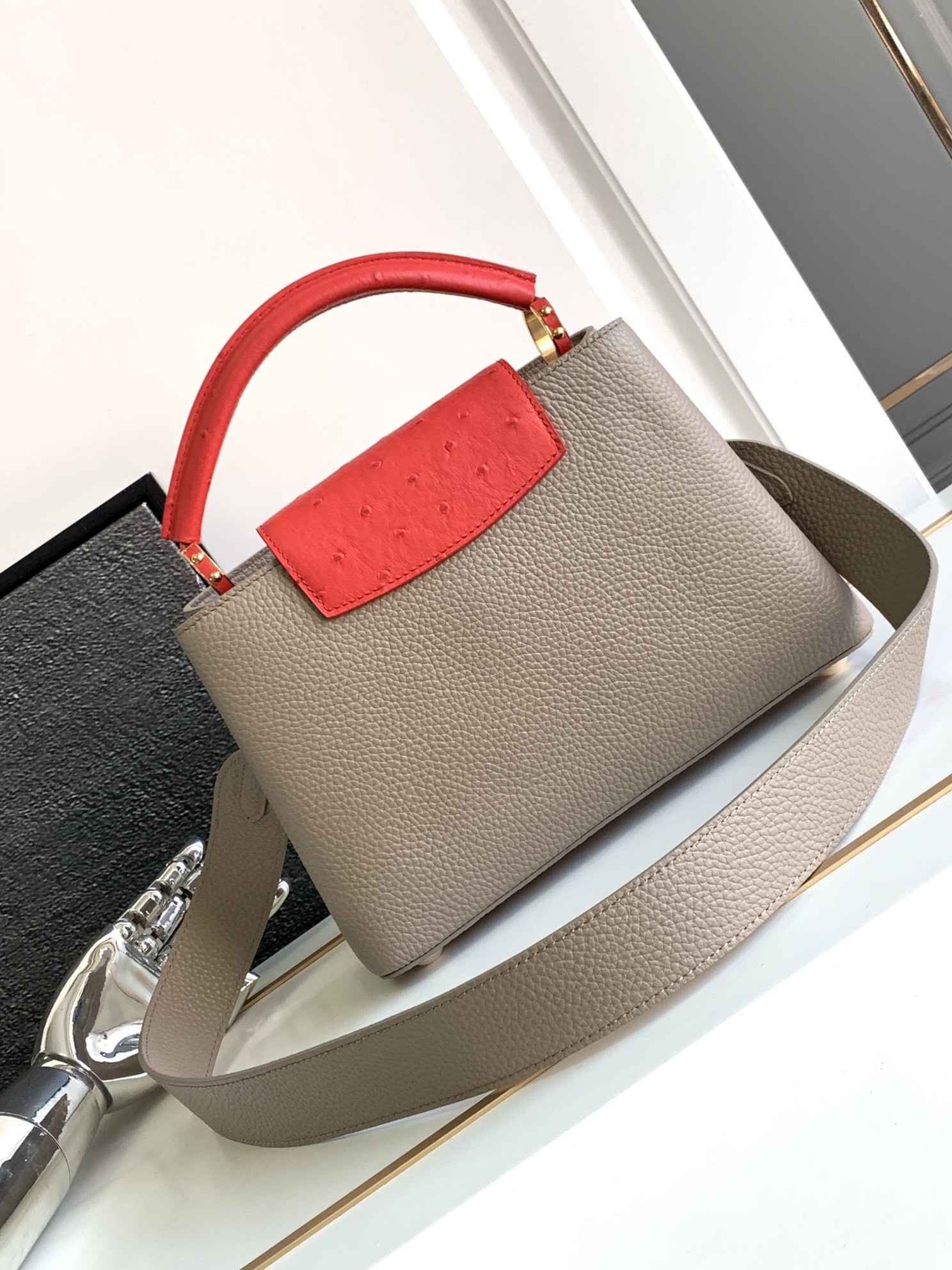 Louis Vuitton Grey/Red Canvas and Leather Capucines PM Bag