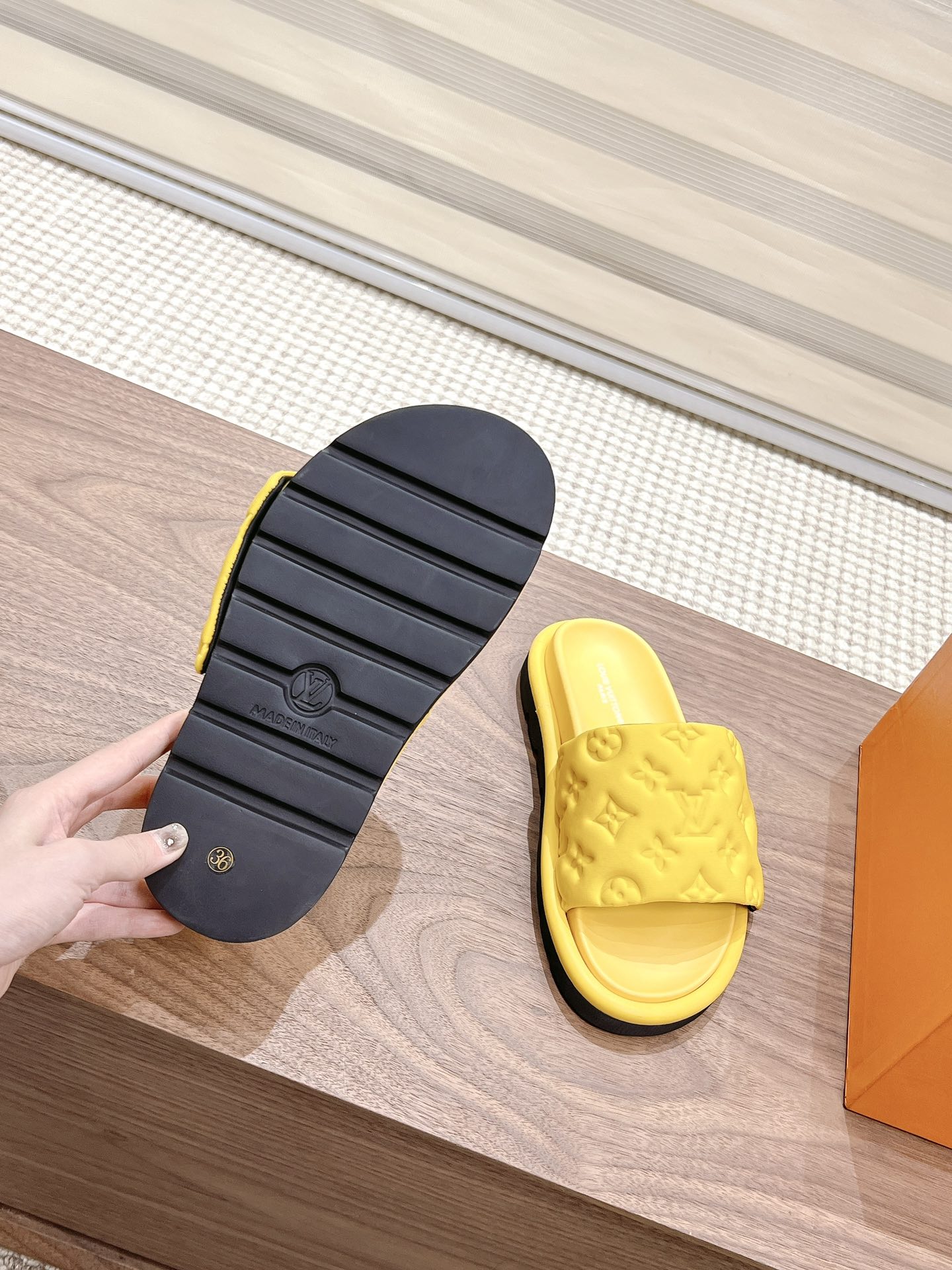 Louis Vuitton  Louis Vuitton Yellow Slides with Velcro Strap
