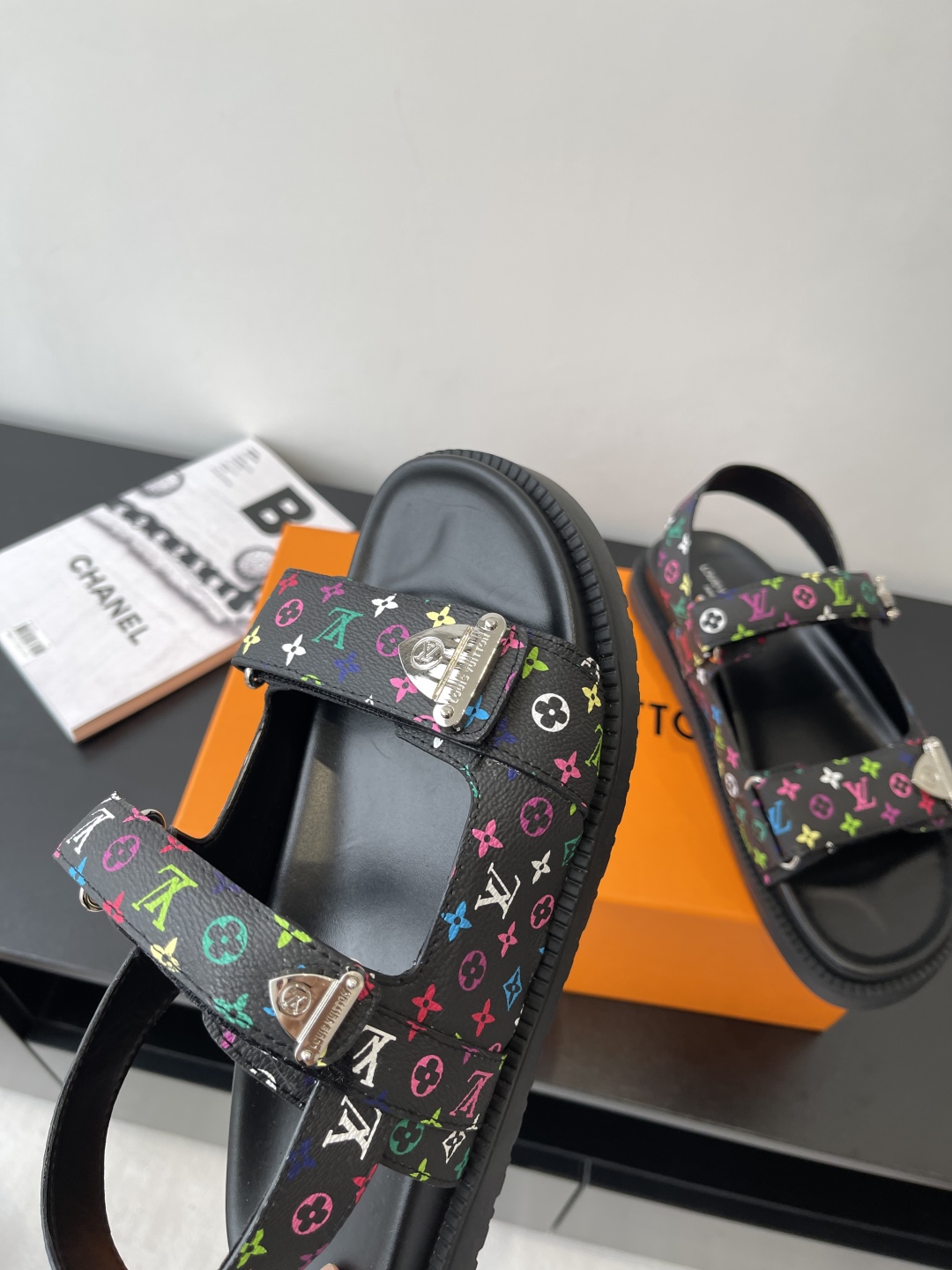 Louis Vuitton  LV X TM Monogram Multicolor Sunset Flat Sandals Black Sold Out