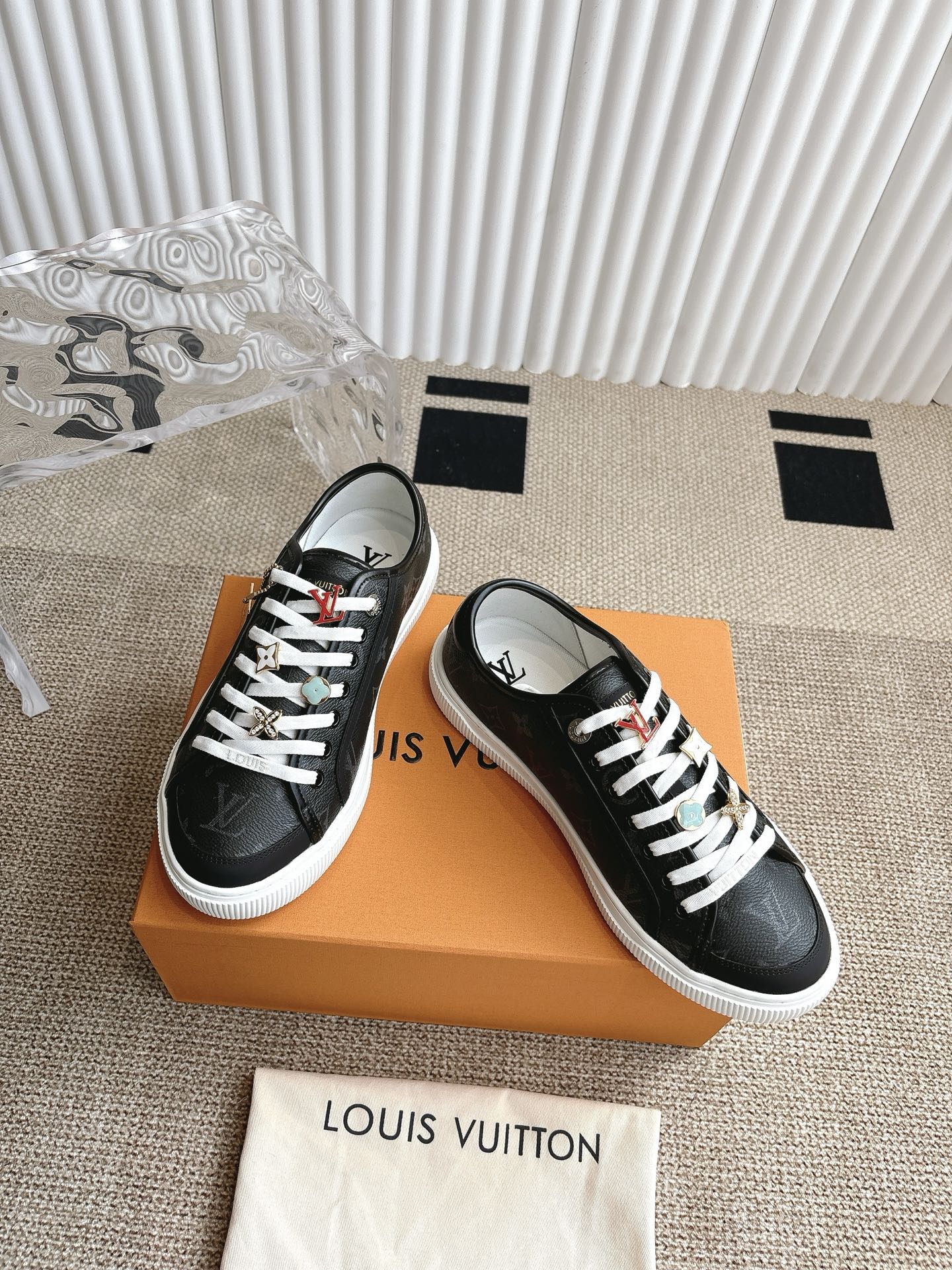 Louis Vuitton Menâ€™s Black Leather Sneakers Monogram Embossed White Sole Lace Up