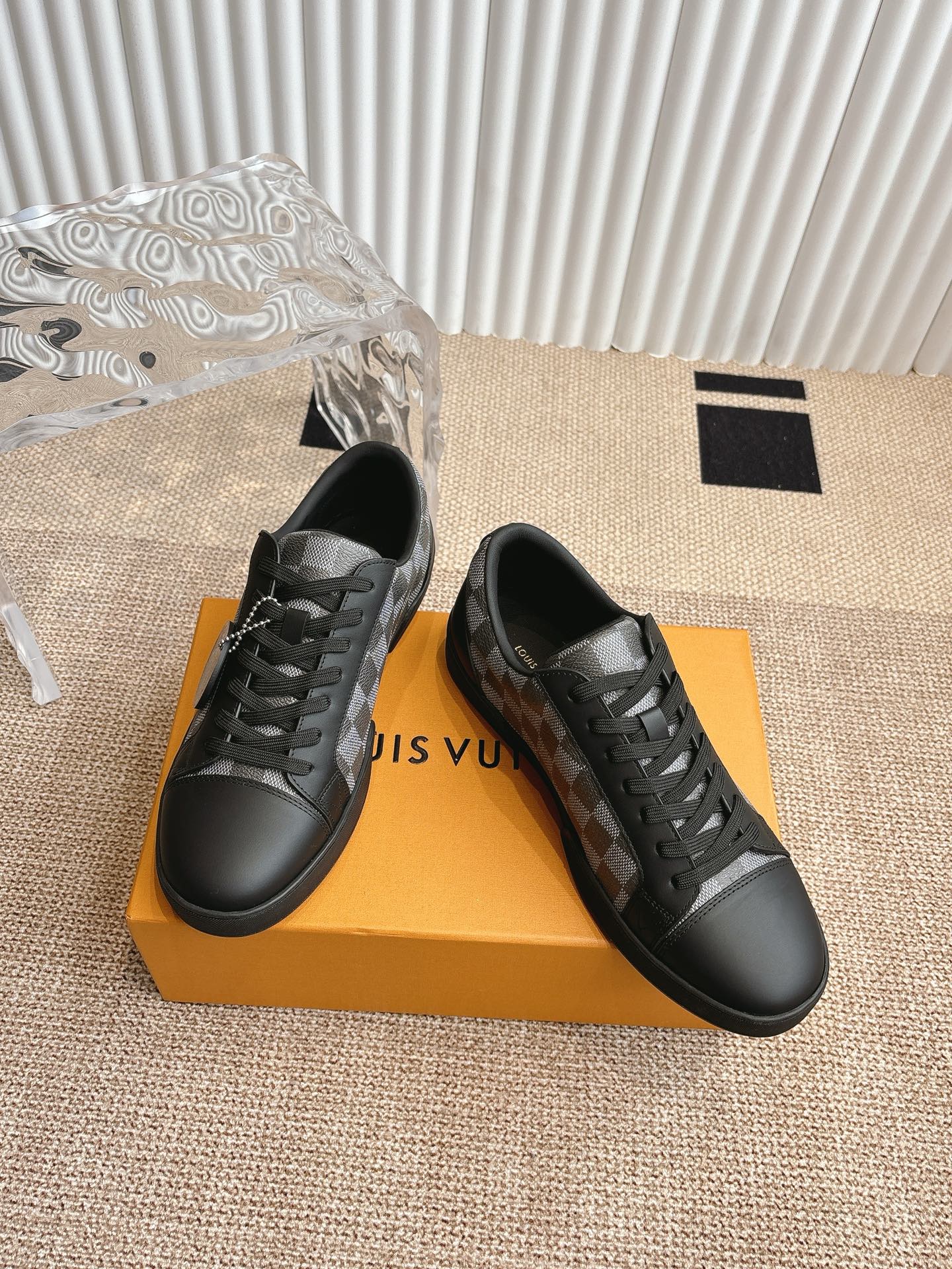 Louis Vuitton Menâ€™s Black Leather Sneakers Monogram Pattern Rubber Sole Lace Up