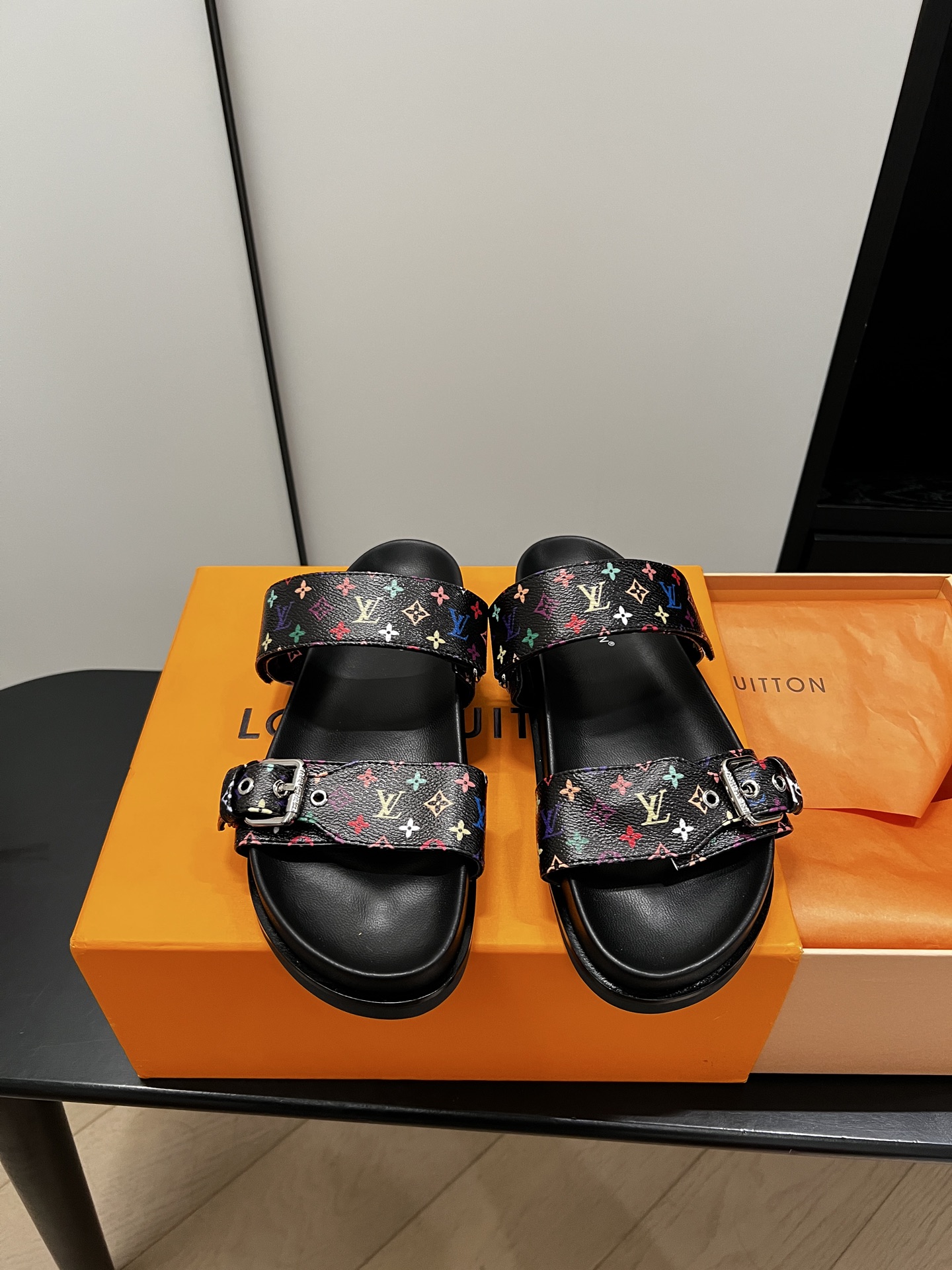 Louis Vuitton Menâ€™s Black Sandals Monogram Multicolor Adjustable Straps Rubber Sole