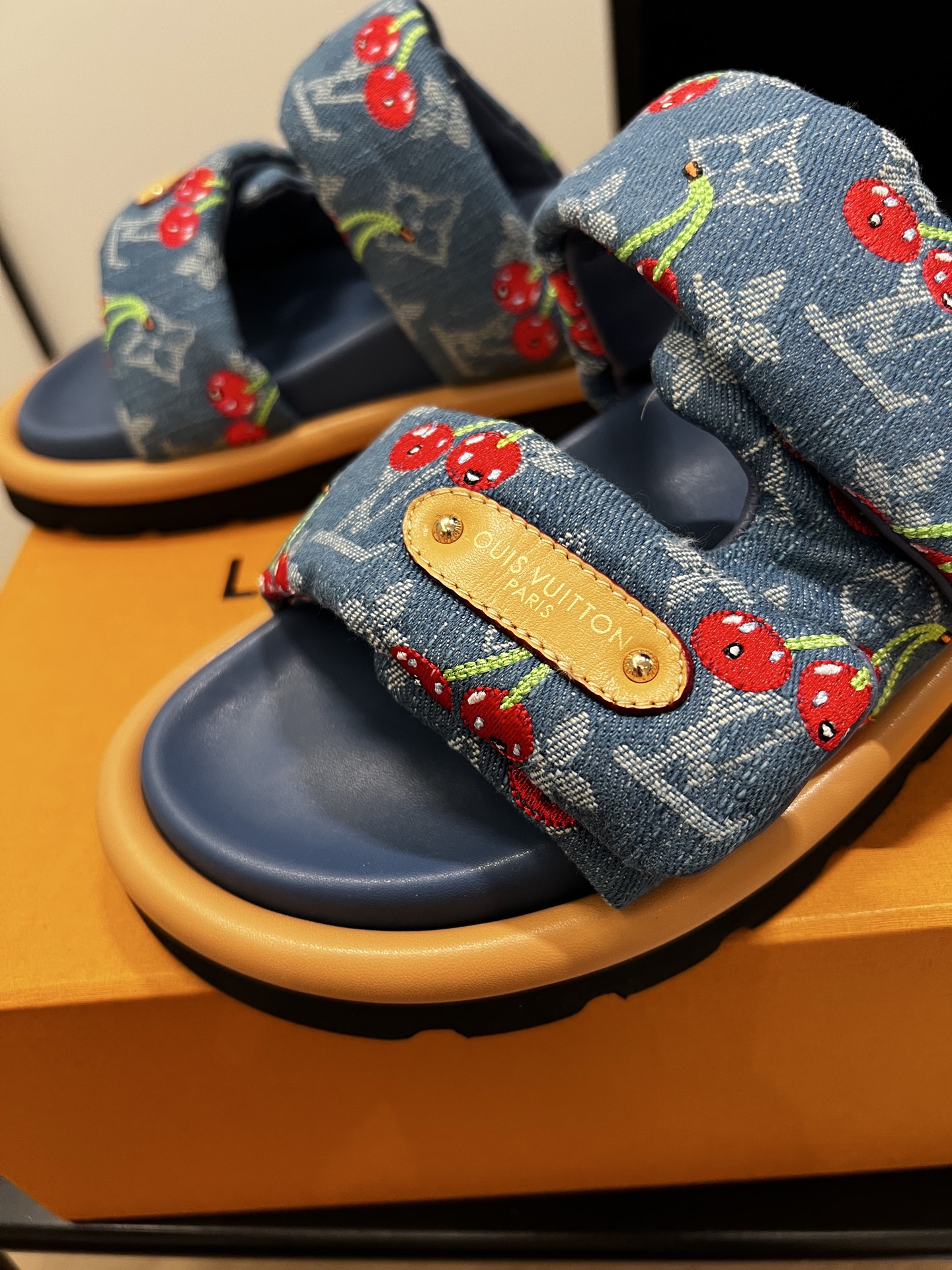 Louis Vuitton Menâ€™s Blue Denim Sandals Cherry Monogram Pattern Adjustable Straps Rubber Sole