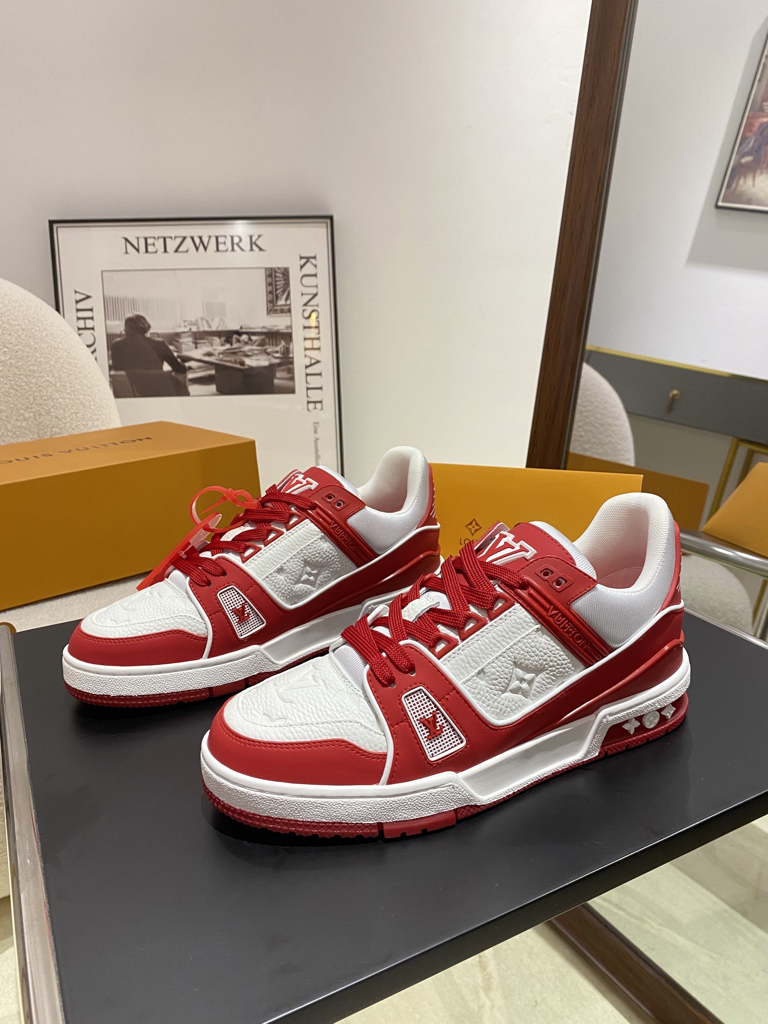 Louis Vuitton Menâ€™s LV Trainer Signature Sneakers â€“ Red & White