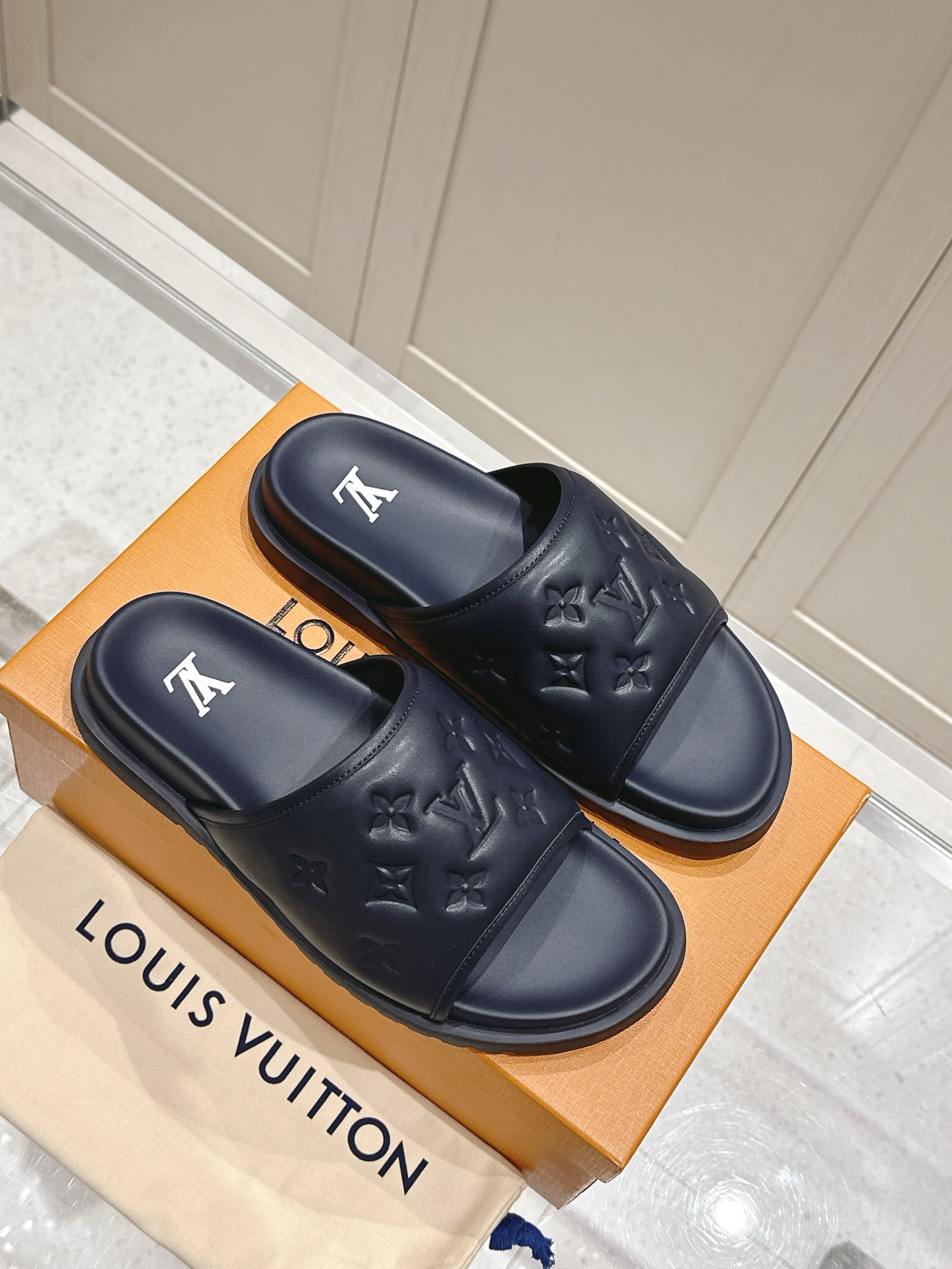 Louis Vuitton Menâ€™s Navy Blue Embossed Monogram Slide Sandals