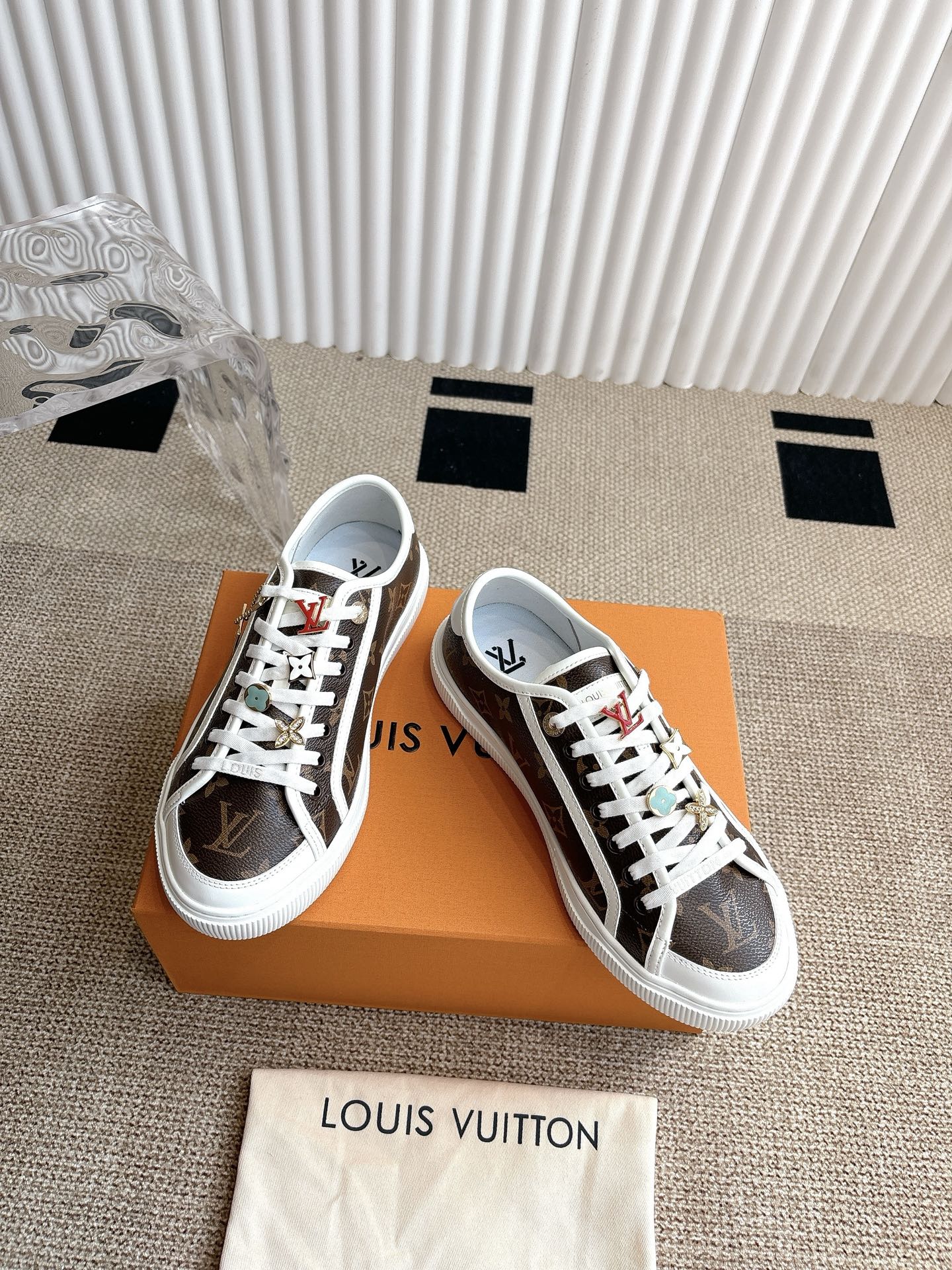 Louis Vuitton Menâ€™s White and Brown Leather Sneakers Monogram Pattern Lace Up Rubber Sole