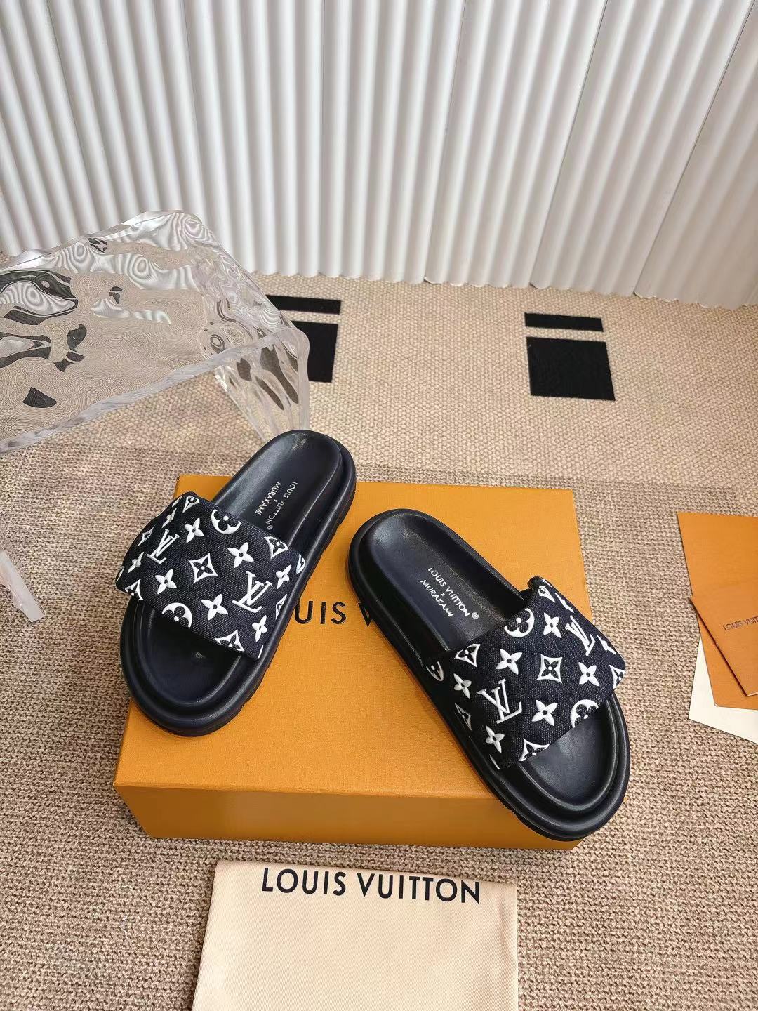 Louis Vuitton Monogram Black Canvas Slide Sandals