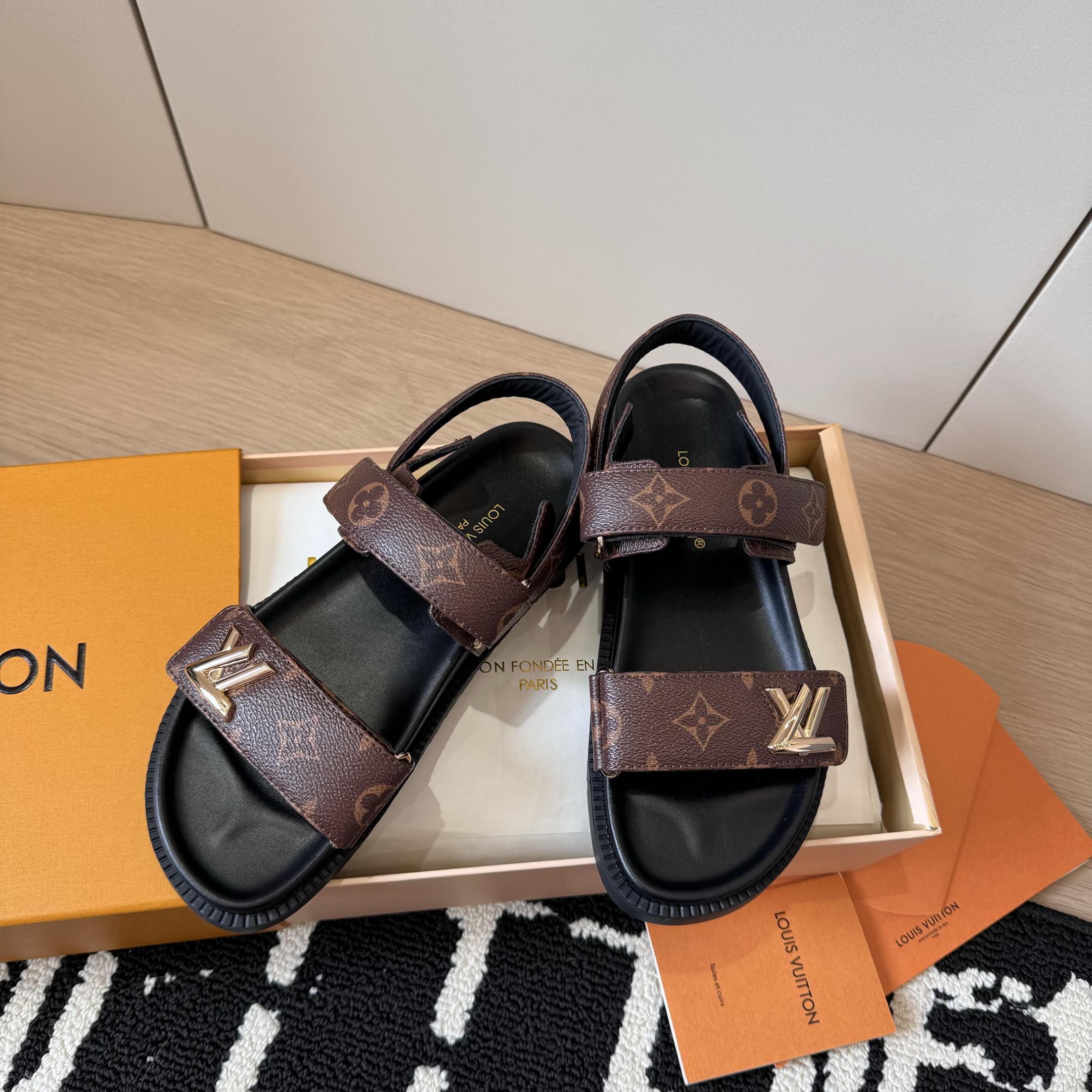 Louis Vuitton Monogram Brown Leather Sandals with Adjustable Straps