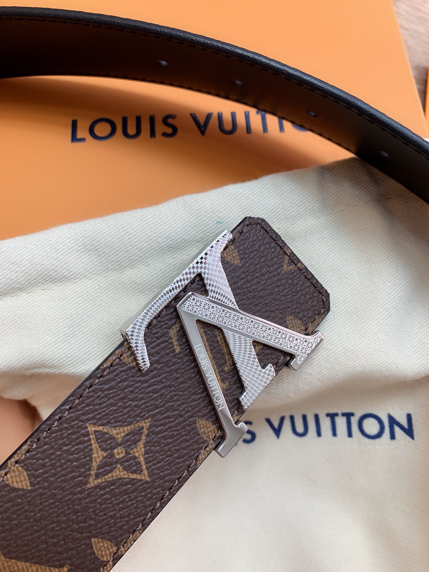 Louis Vuitton Monogram Canvas Belt with Silver LV Buckle Brown