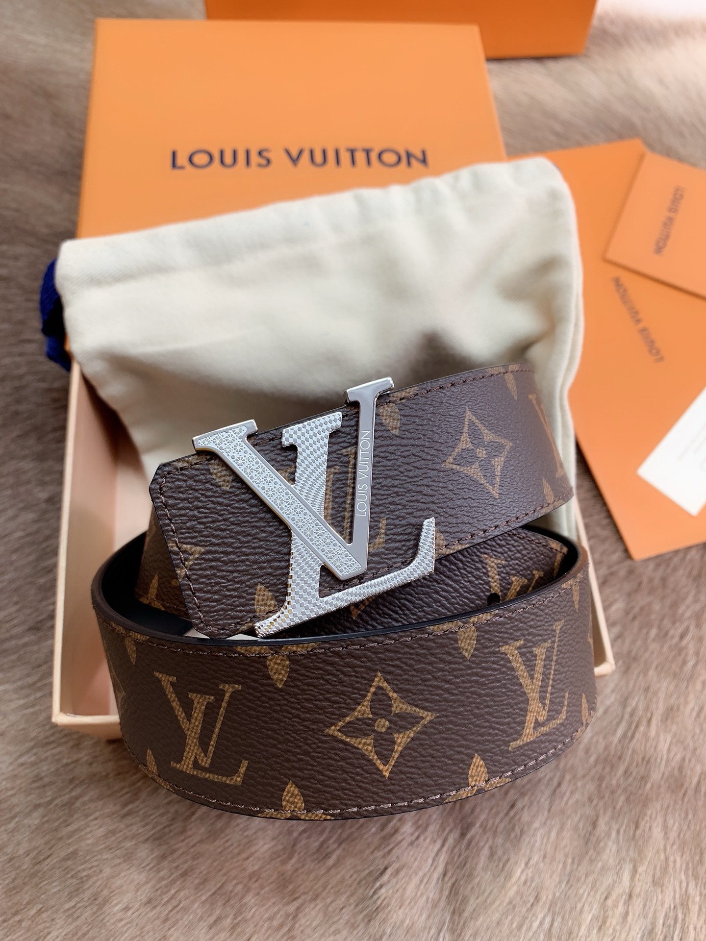 Louis Vuitton Monogram Canvas Belt with Silver LV Buckle Brown