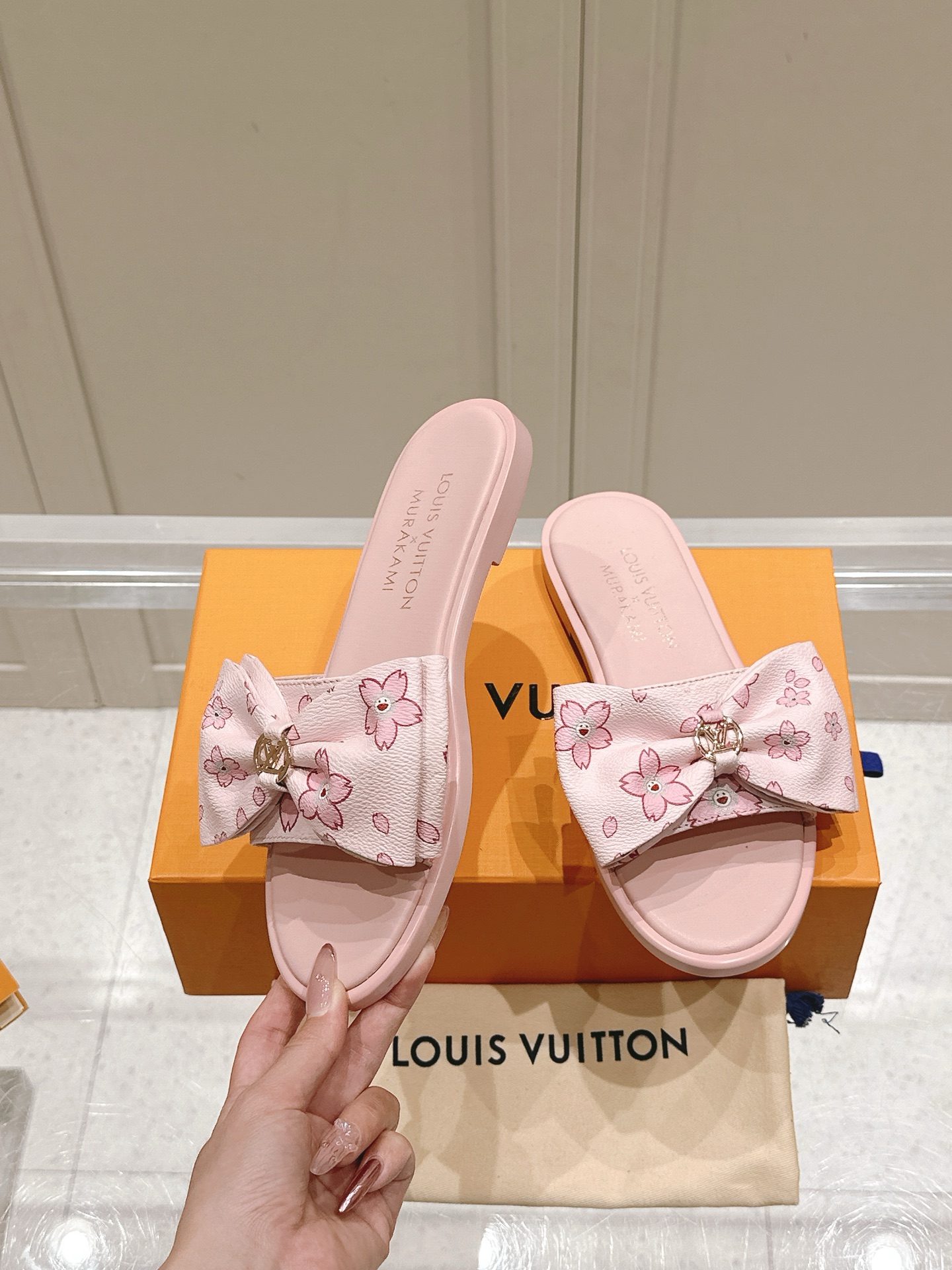 Louis Vuitton Monogram Canvas Bow Slide Sandals Pink