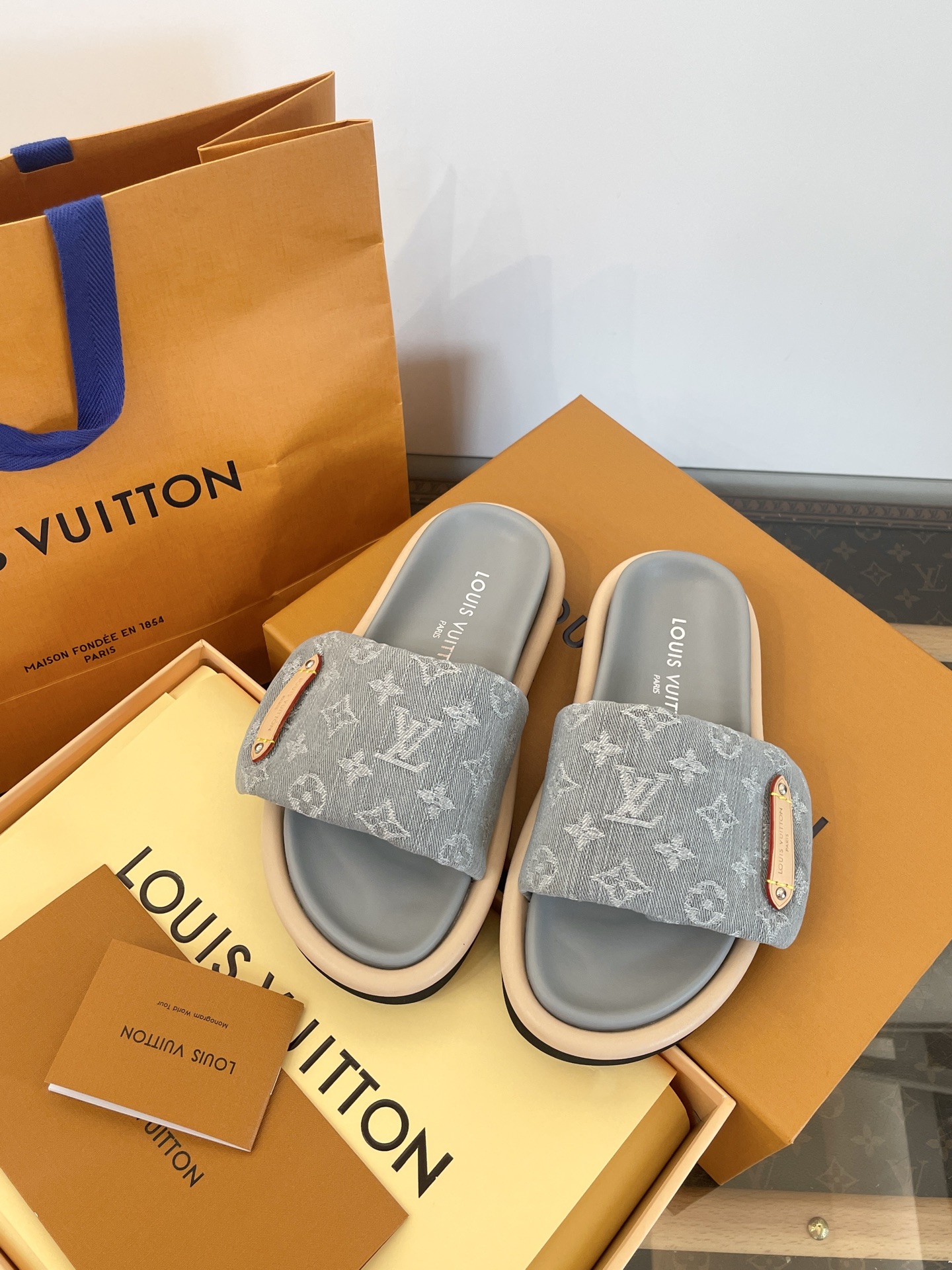 Louis Vuitton Monogram Denim Slide Sandals Gray