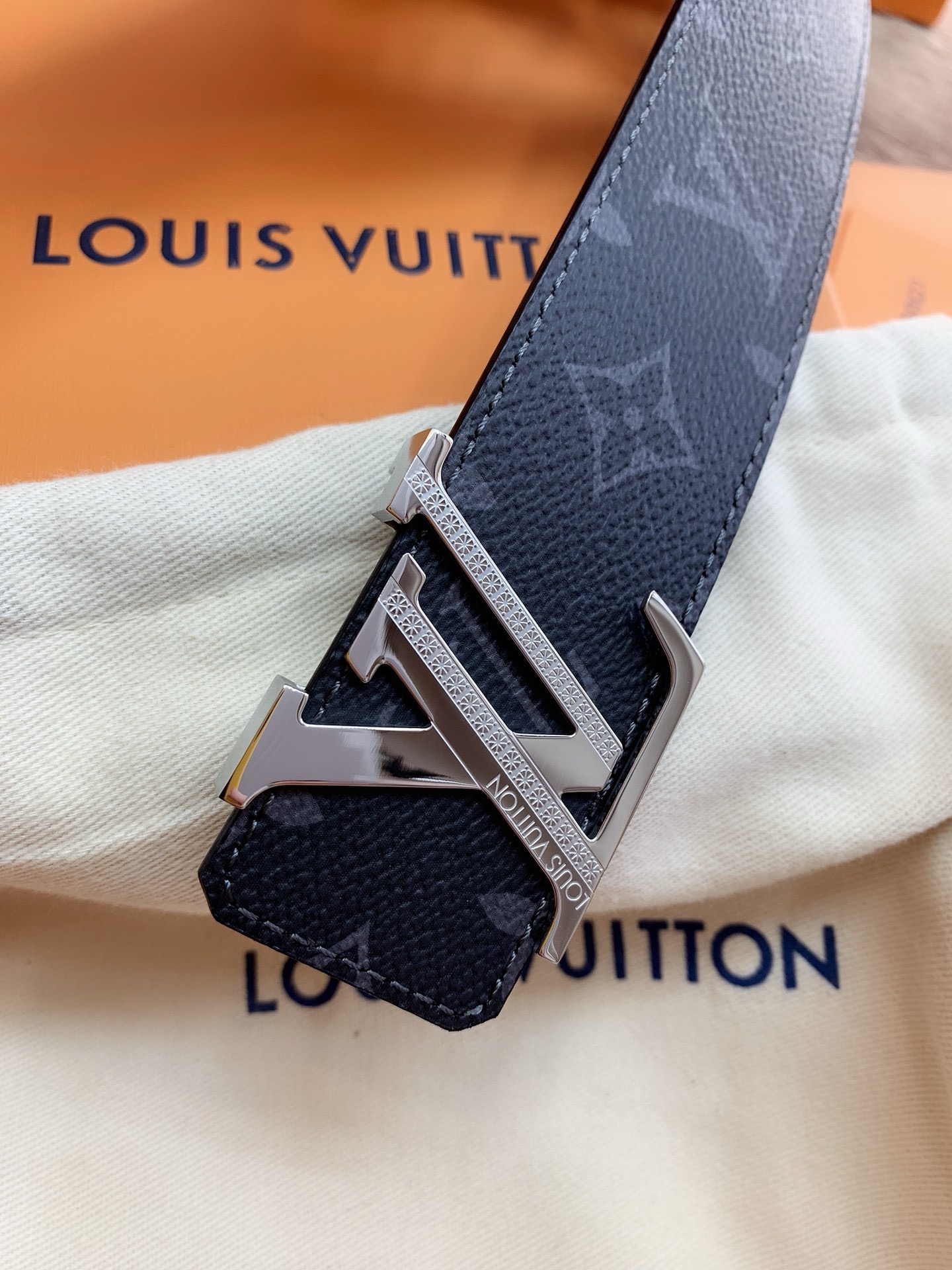 Louis Vuitton Monogram Eclipse Leather Belt with Silver LV Buckle Black