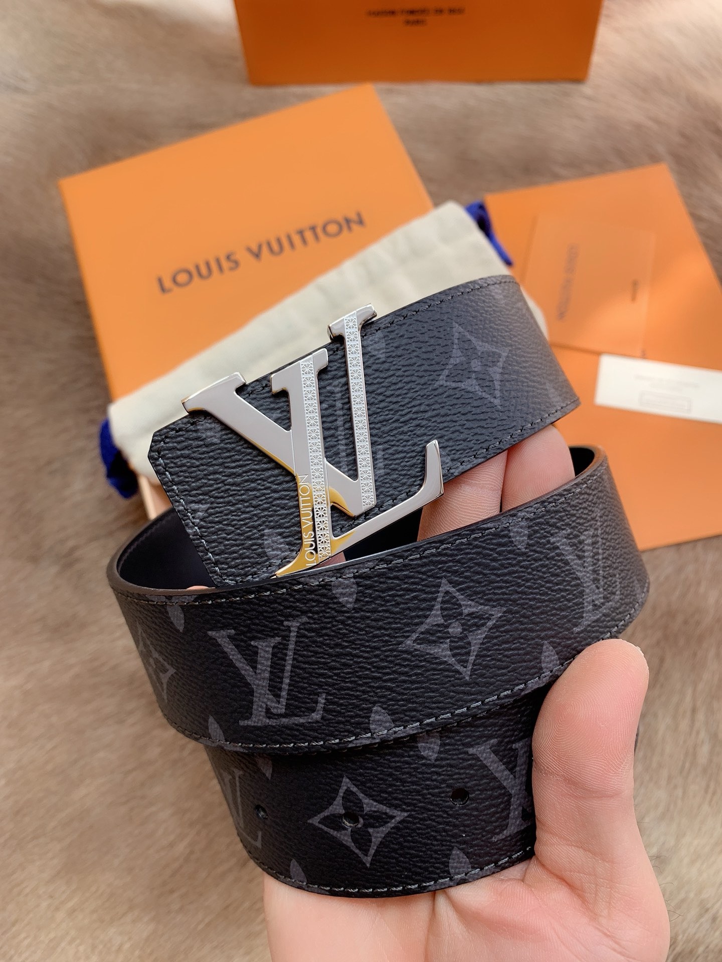 Louis Vuitton Monogram Eclipse Leather Belt with Silver LV Buckle Black