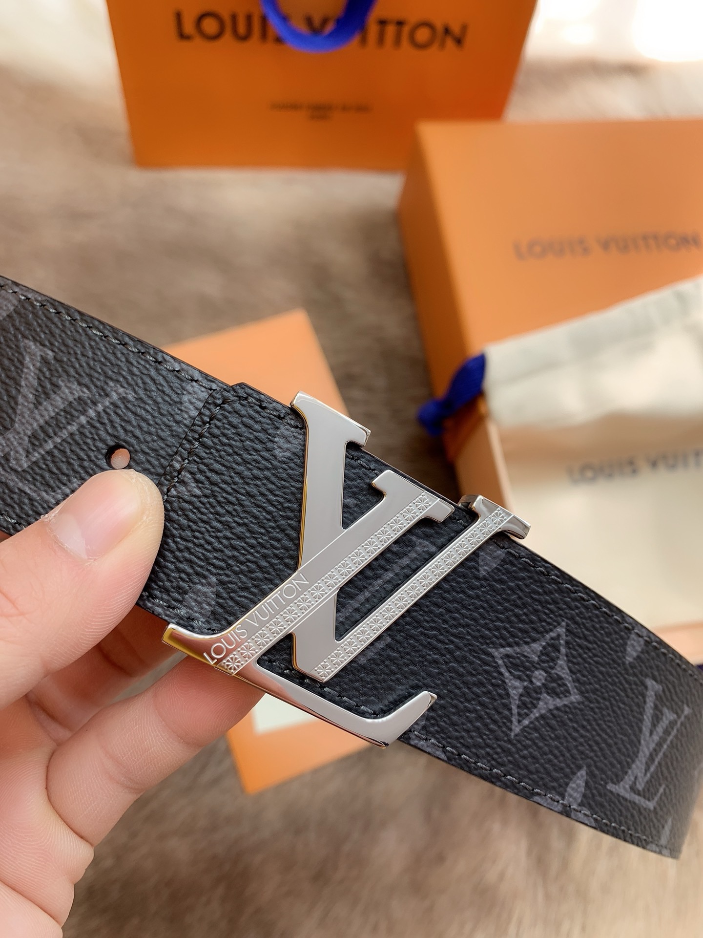 Louis Vuitton Monogram Eclipse Leather Belt with Silver LV Buckle Black