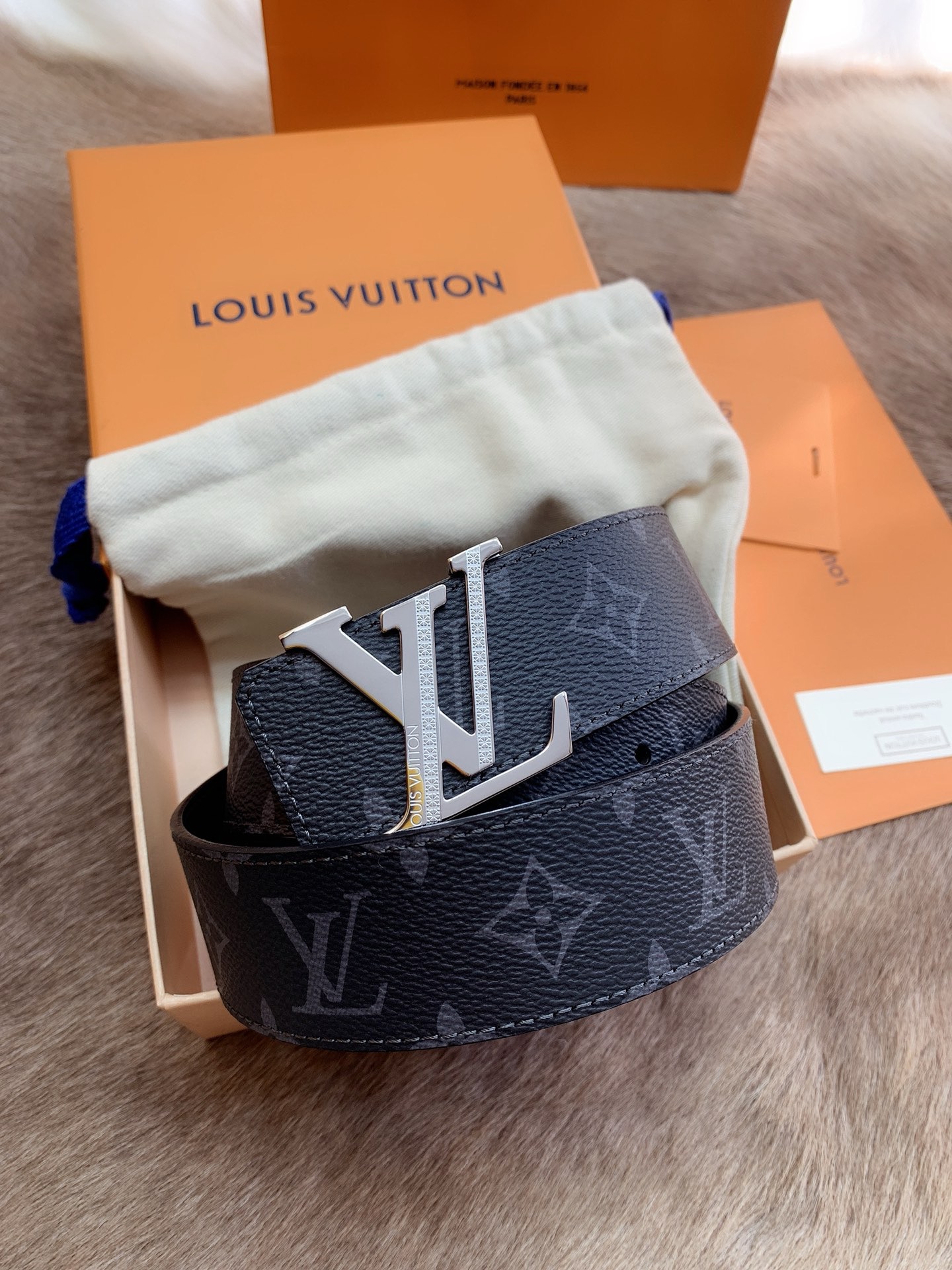 Louis Vuitton Monogram Eclipse Leather Belt with Silver LV Buckle Black