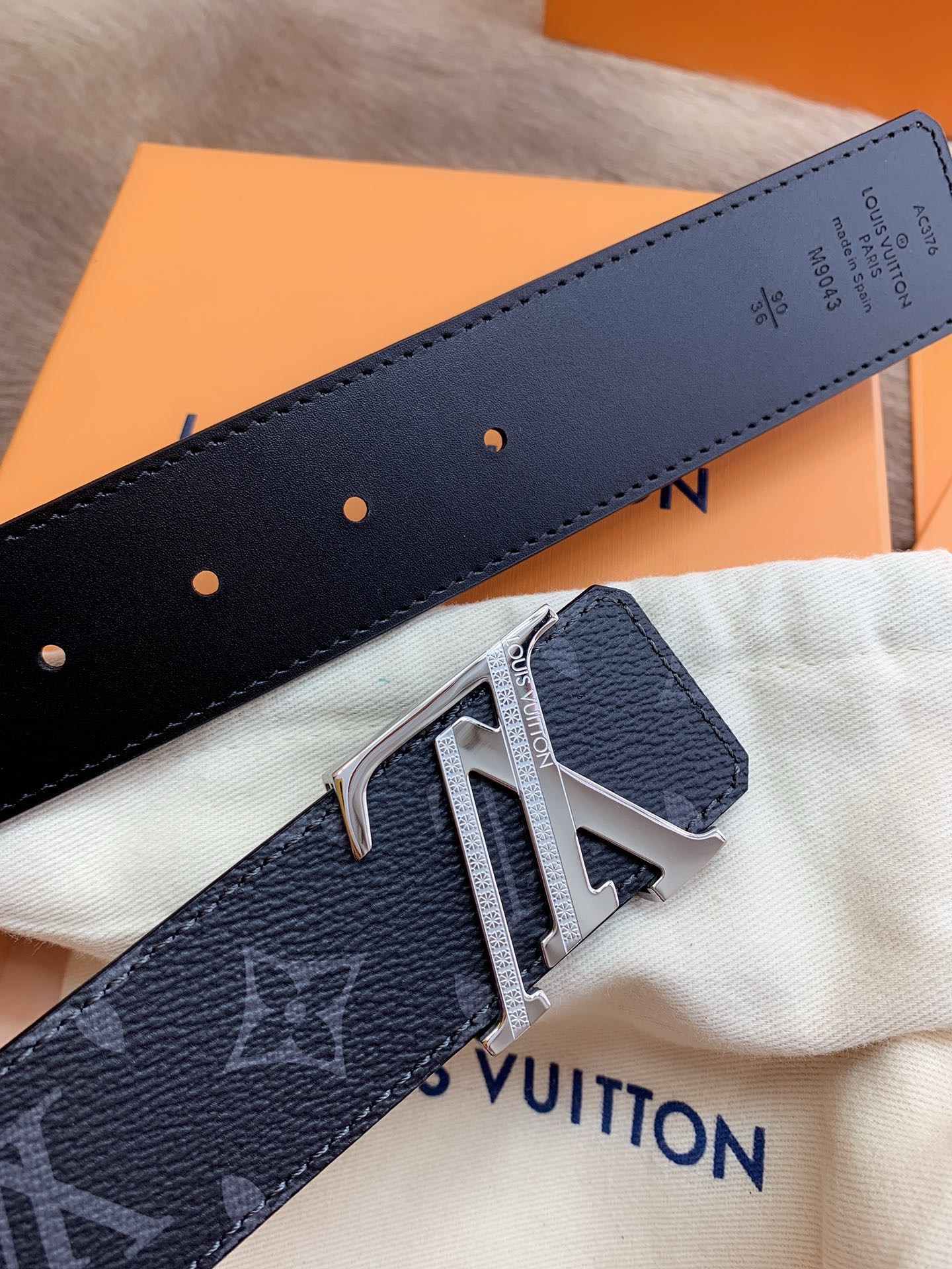 Louis Vuitton Monogram Eclipse Leather Belt with Silver LV Buckle Black