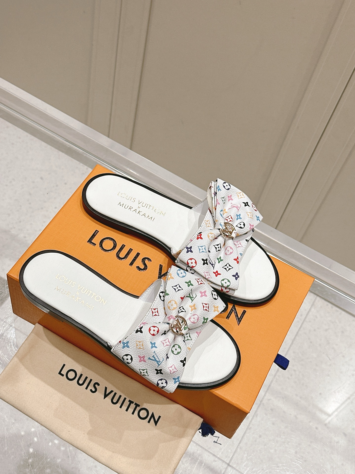 Louis Vuitton Monogram Multicolor Bow Slide Sandals White