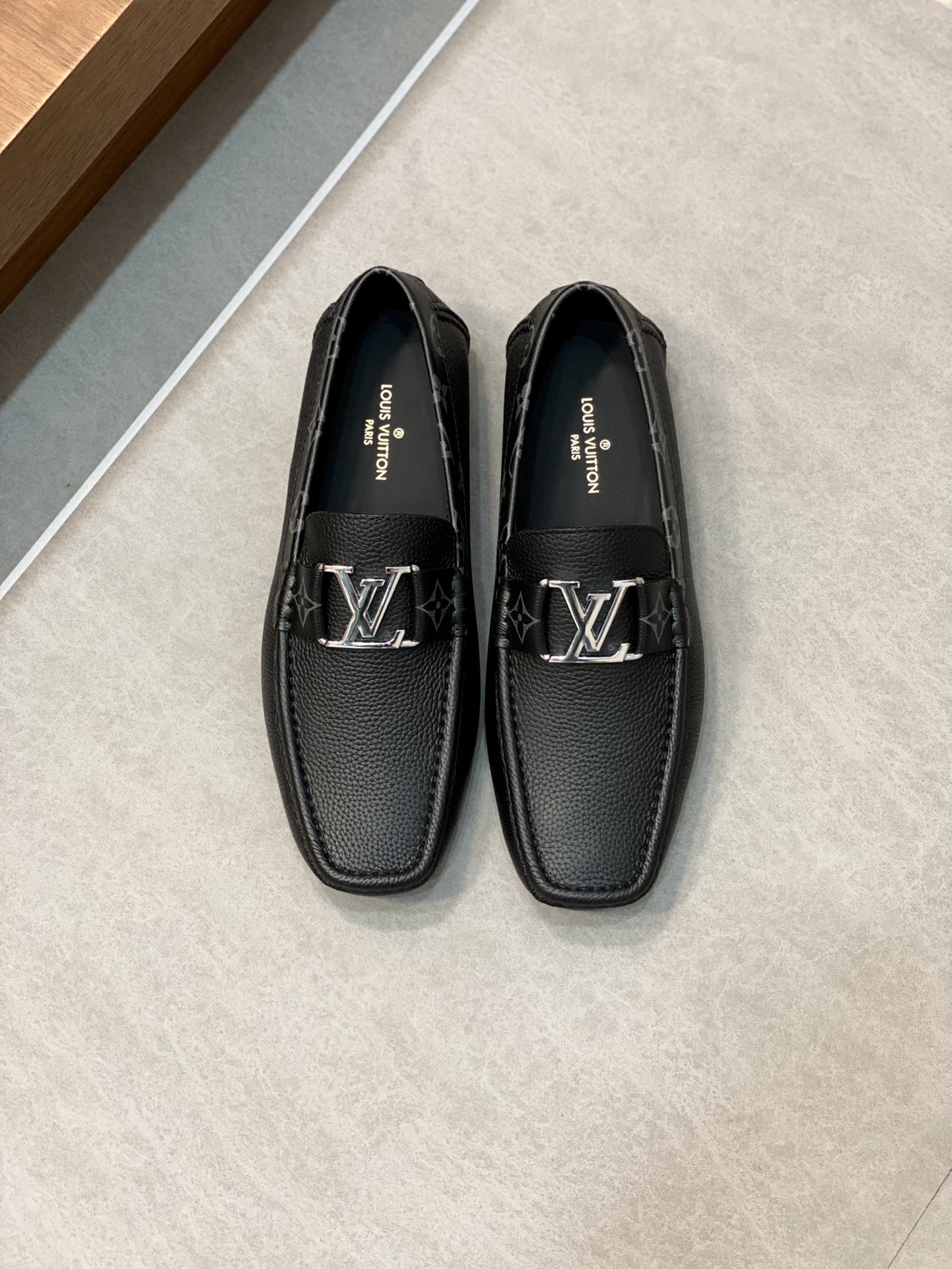 Louis Vuitton Black Grained Leather Loafers - Silver LV Buckle