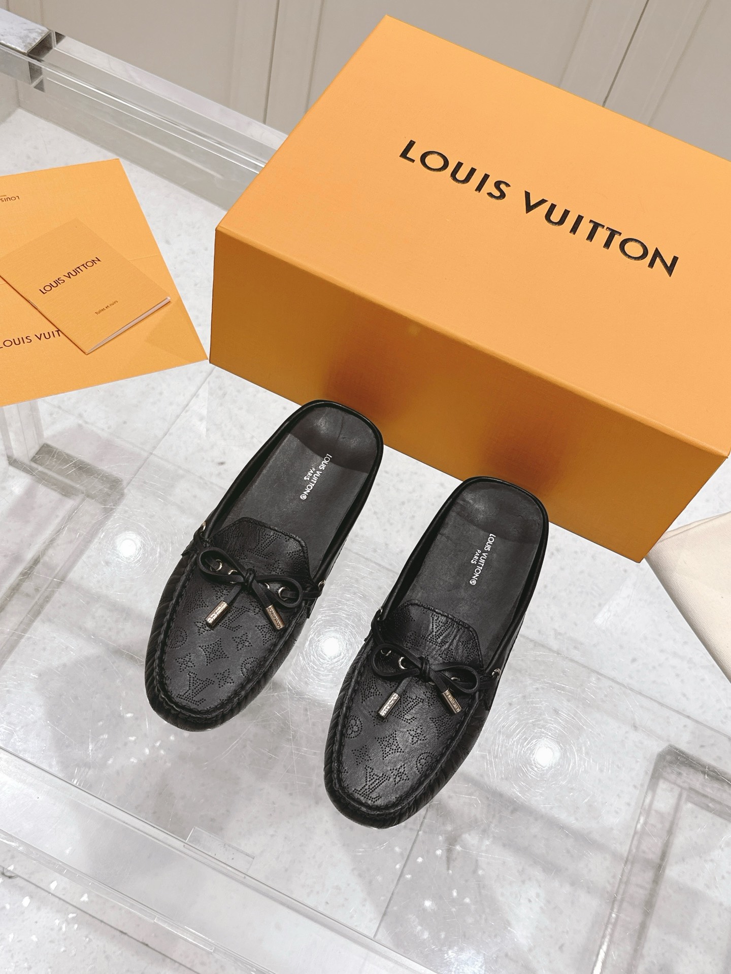 LV Embossed Leather Mules Black - Louis Vuitton Embossed Leather Mules