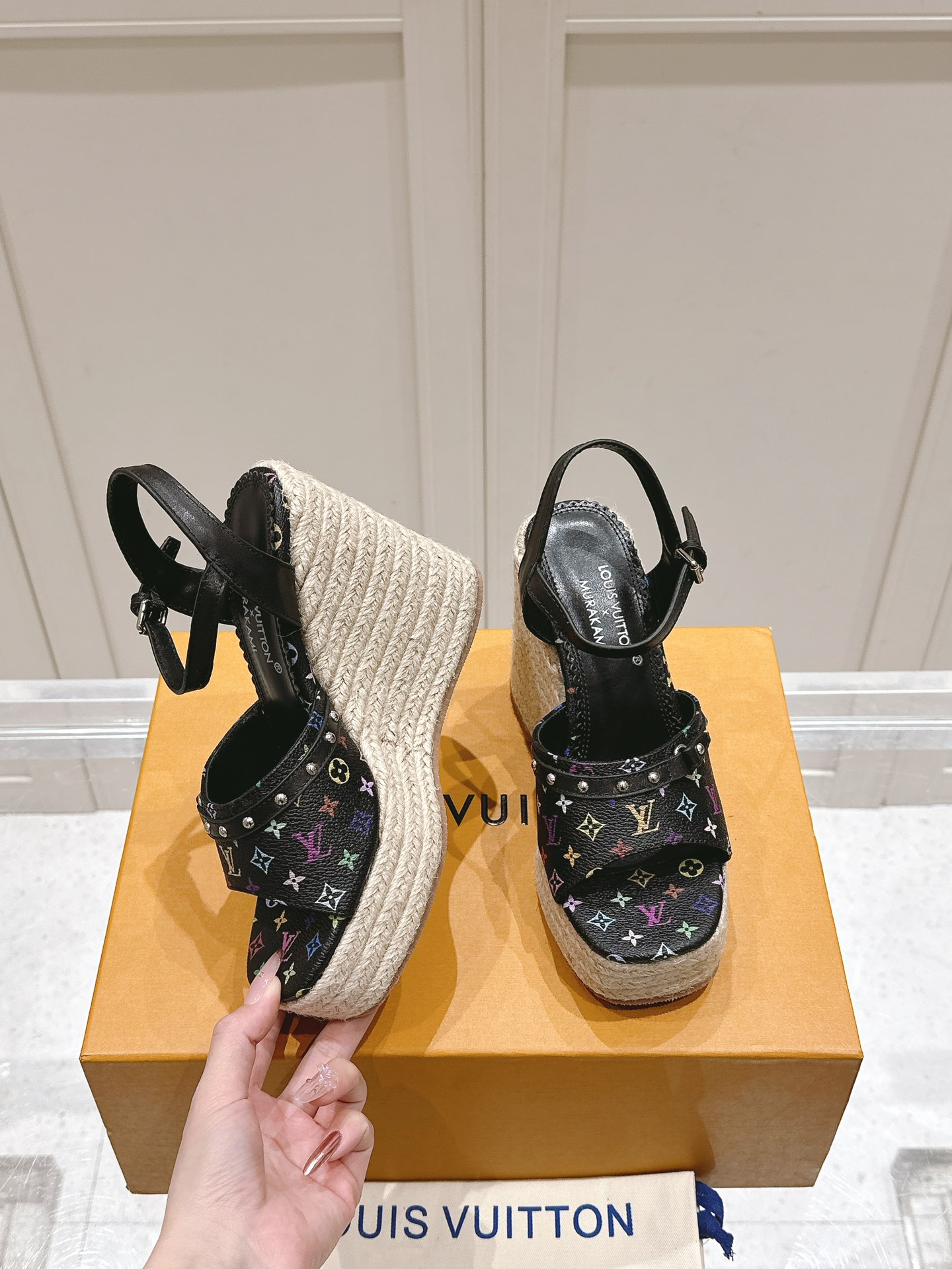 Louis Vuitton Multicolor Wedge Sandals â€“ Women's Black Monogram
