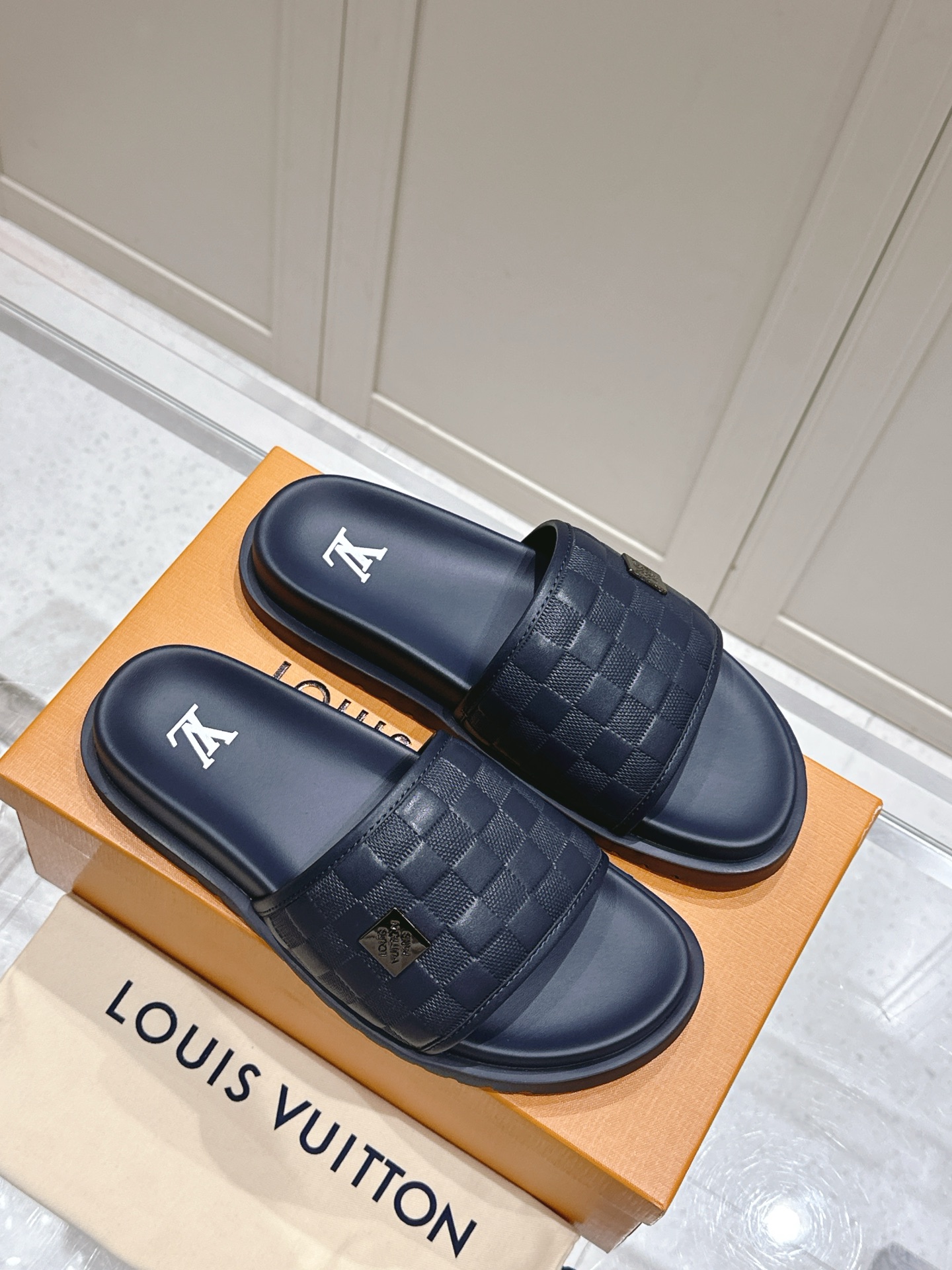 Louis Vuitton Navy Blue Leather Slide Sandals