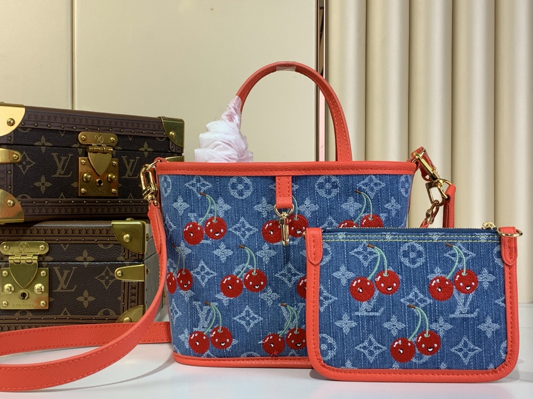 LOUIS VUITTON Neverfull Louis Vuitton Monogram Cherry Denim Tote Bag Red