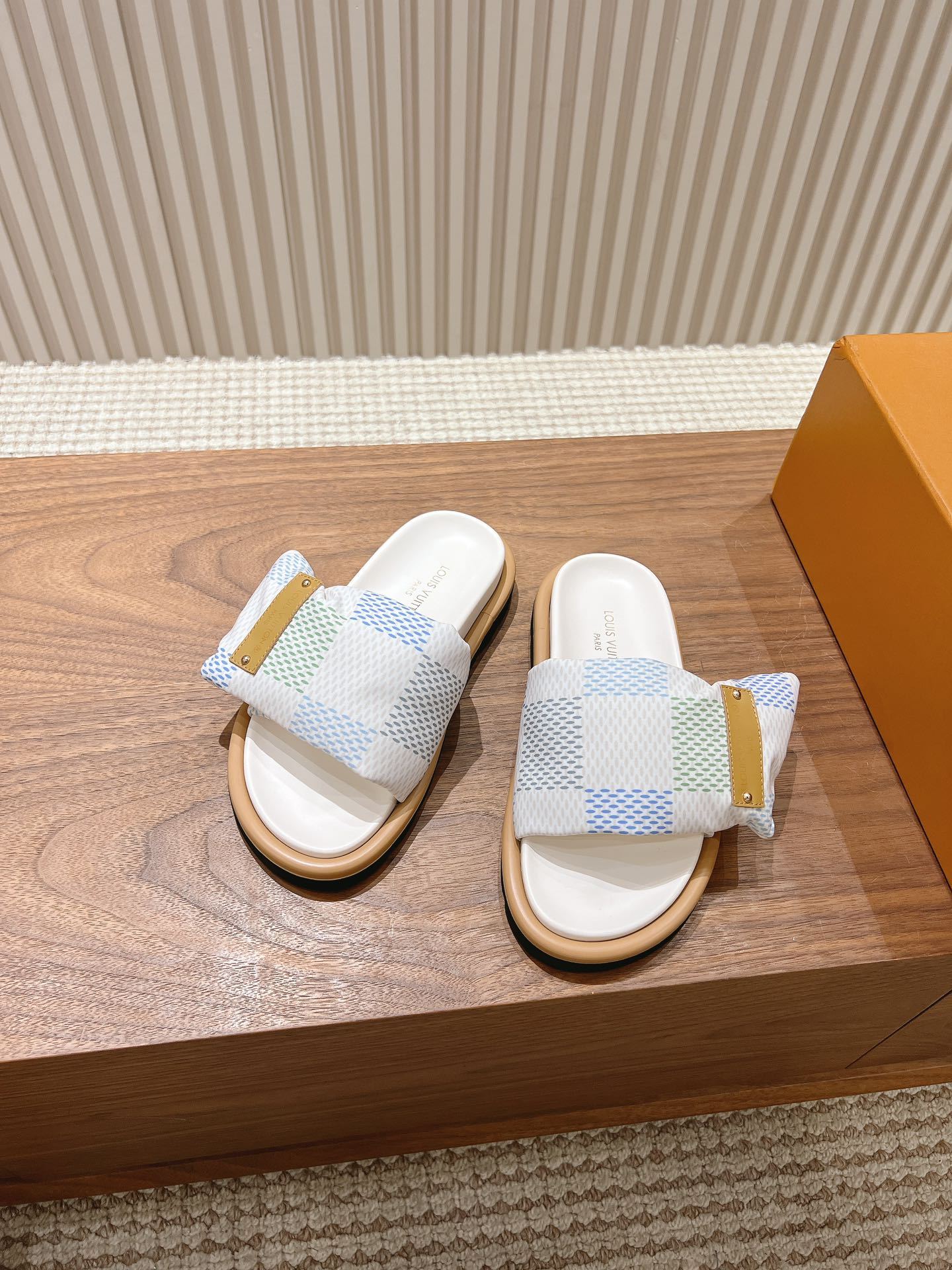 Louis Vuitton White Damier Azur Slides - Designer Comfort