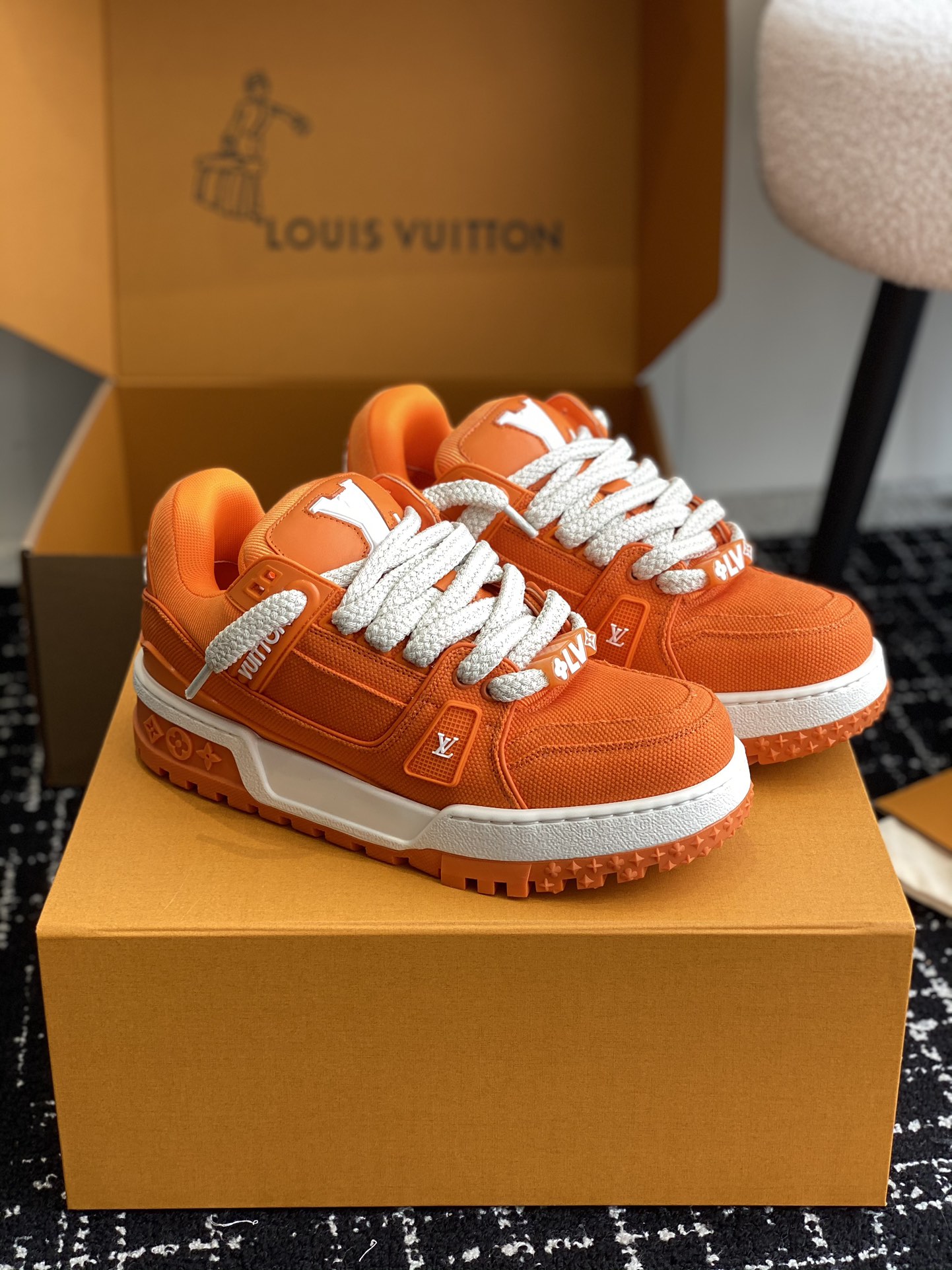 Louis Vuitton Orange Low Top Sneakers with White Logo