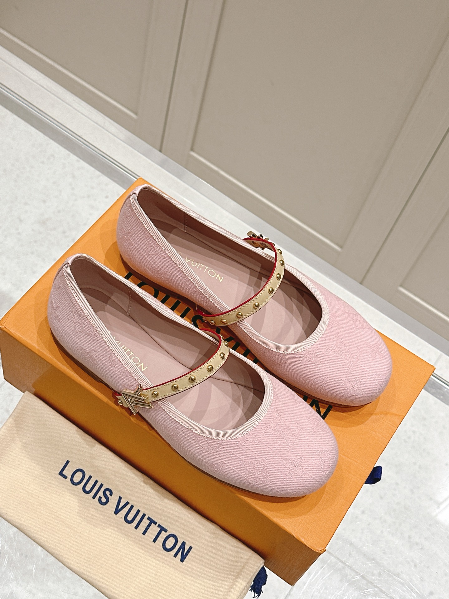 Louis Vuitton Pink Canvas Mary Jane Flats with Studded Strap