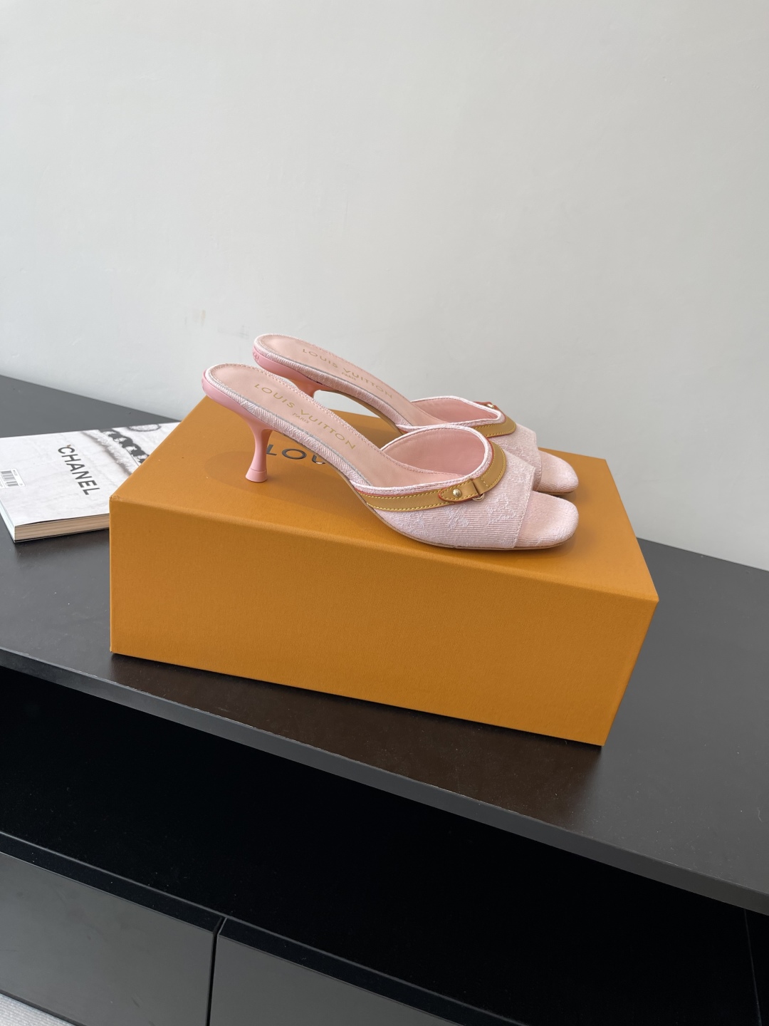 Louis Vuitton Pink Slide Sandals with Monogram Pattern and Gold Accent