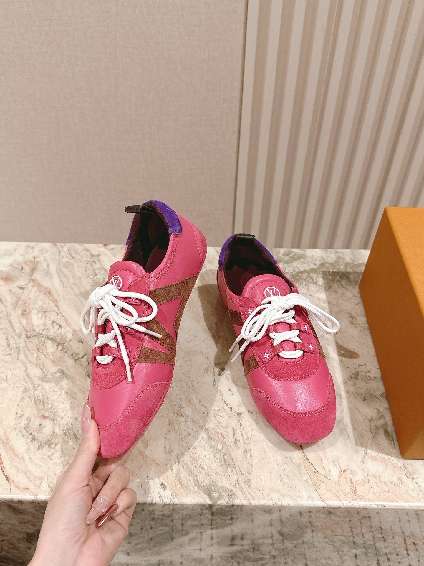 Louis Vuitton Pink Suede and Leather Lace-Up Sneakers