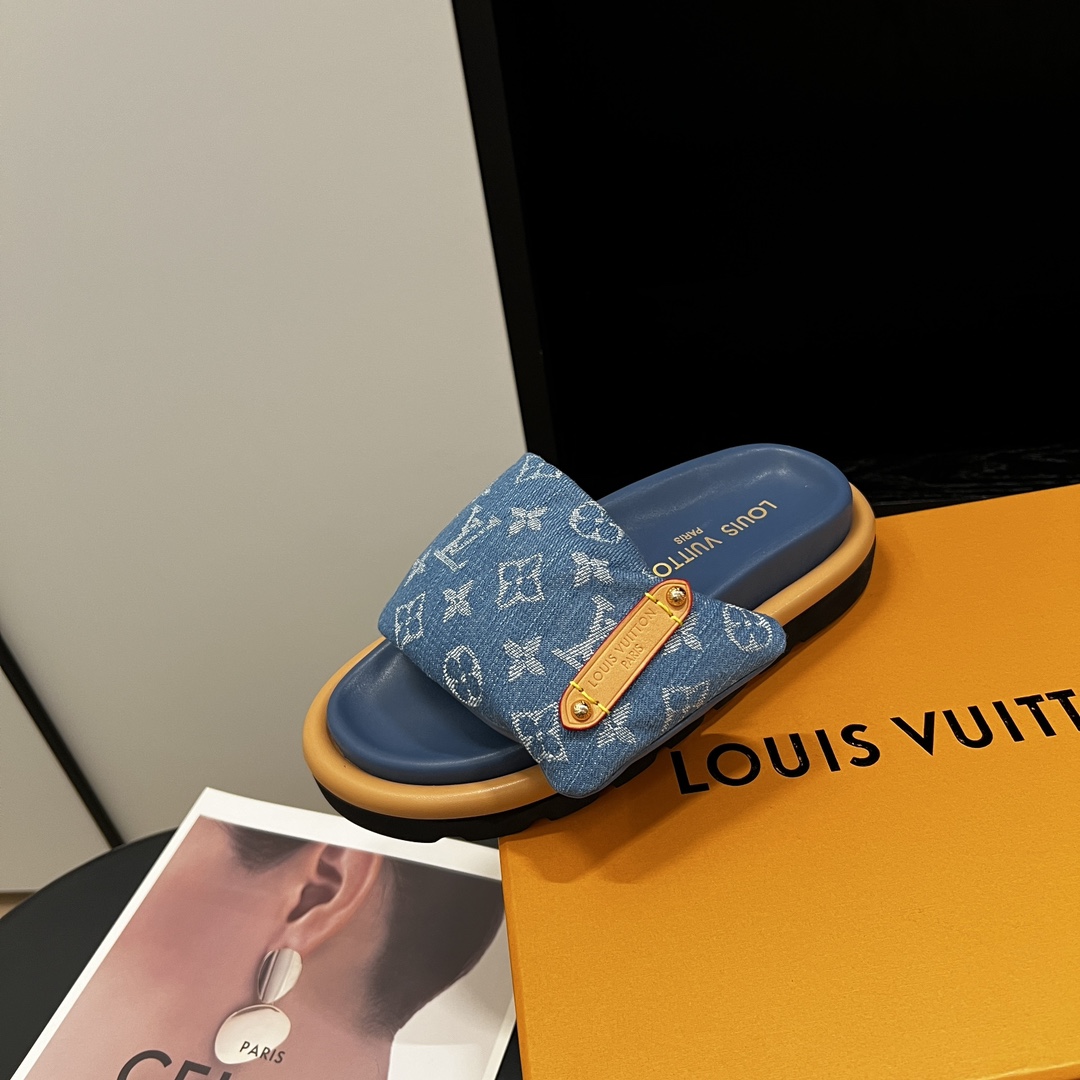 LOUIS VUITTON Pool Pillow Mule Sandals Blue Monogram Denim Size