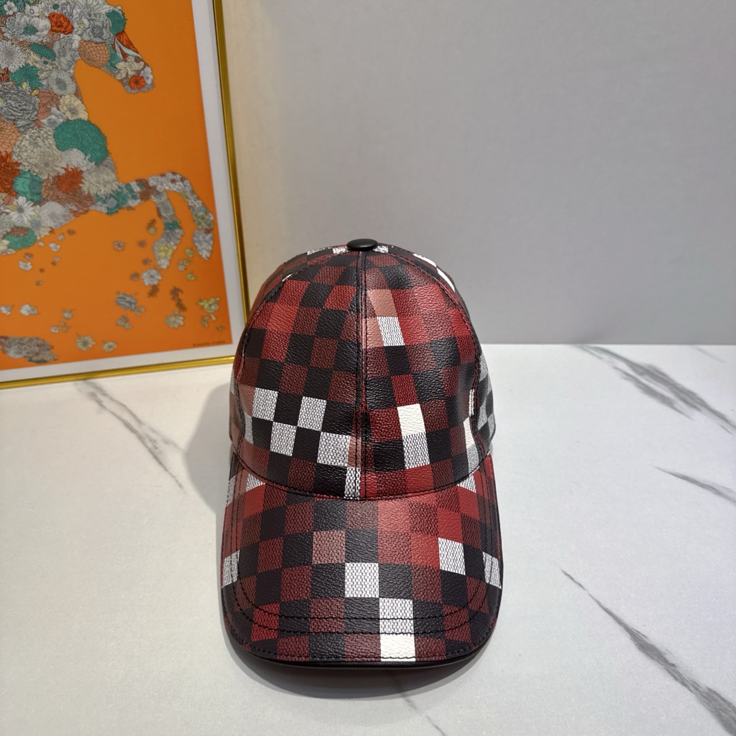 leather Hermes Red Checkered Cap - Hermes Red Checkered Leather Cap