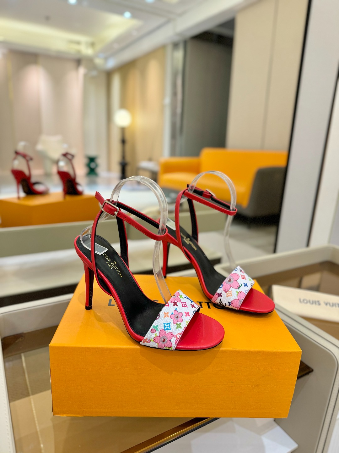 Louis Vuitton Red High Heel Sandals with Multicolor Monogram Strap