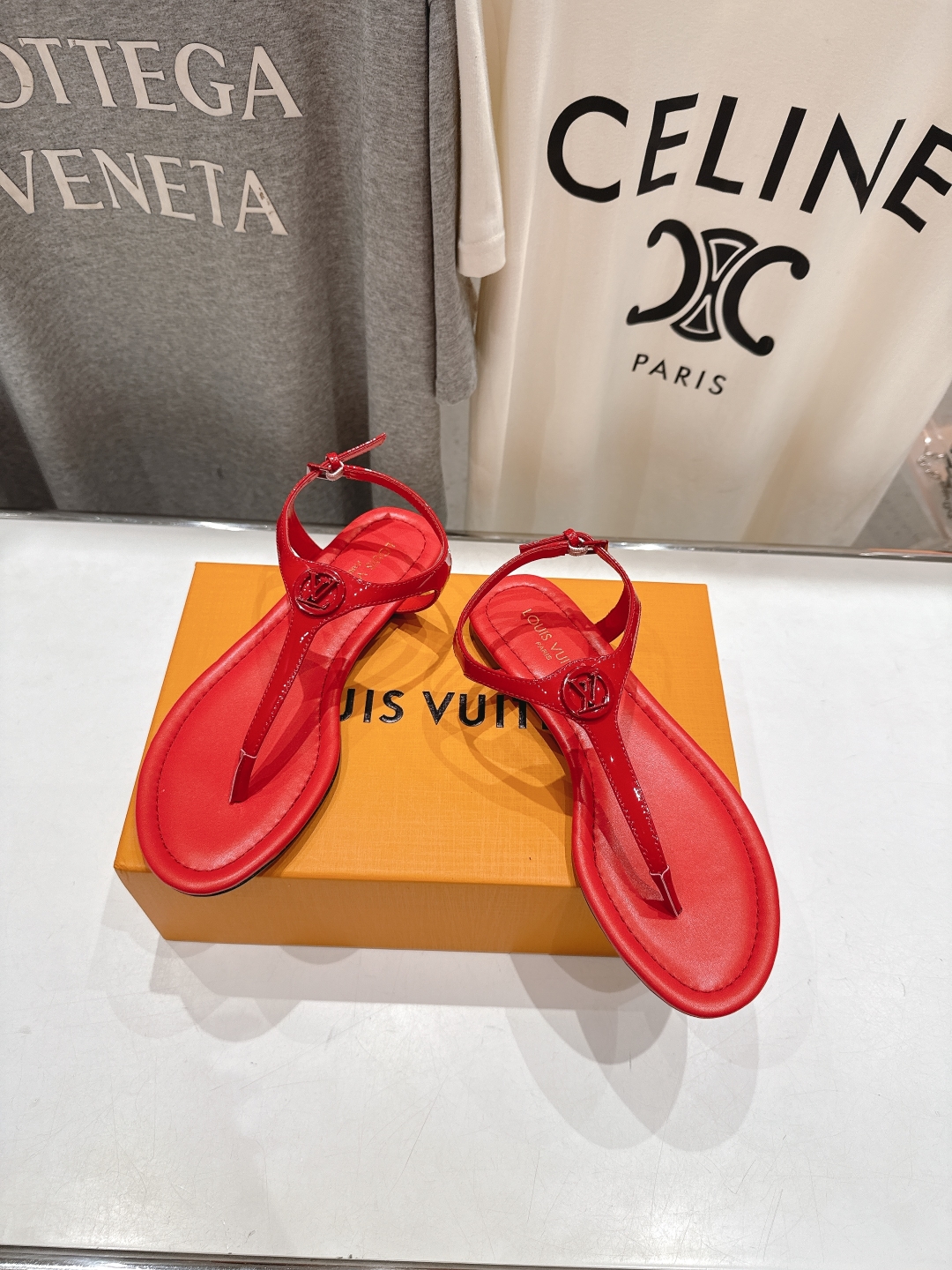 Louis Vuitton Red Leather Flat Sandals Women