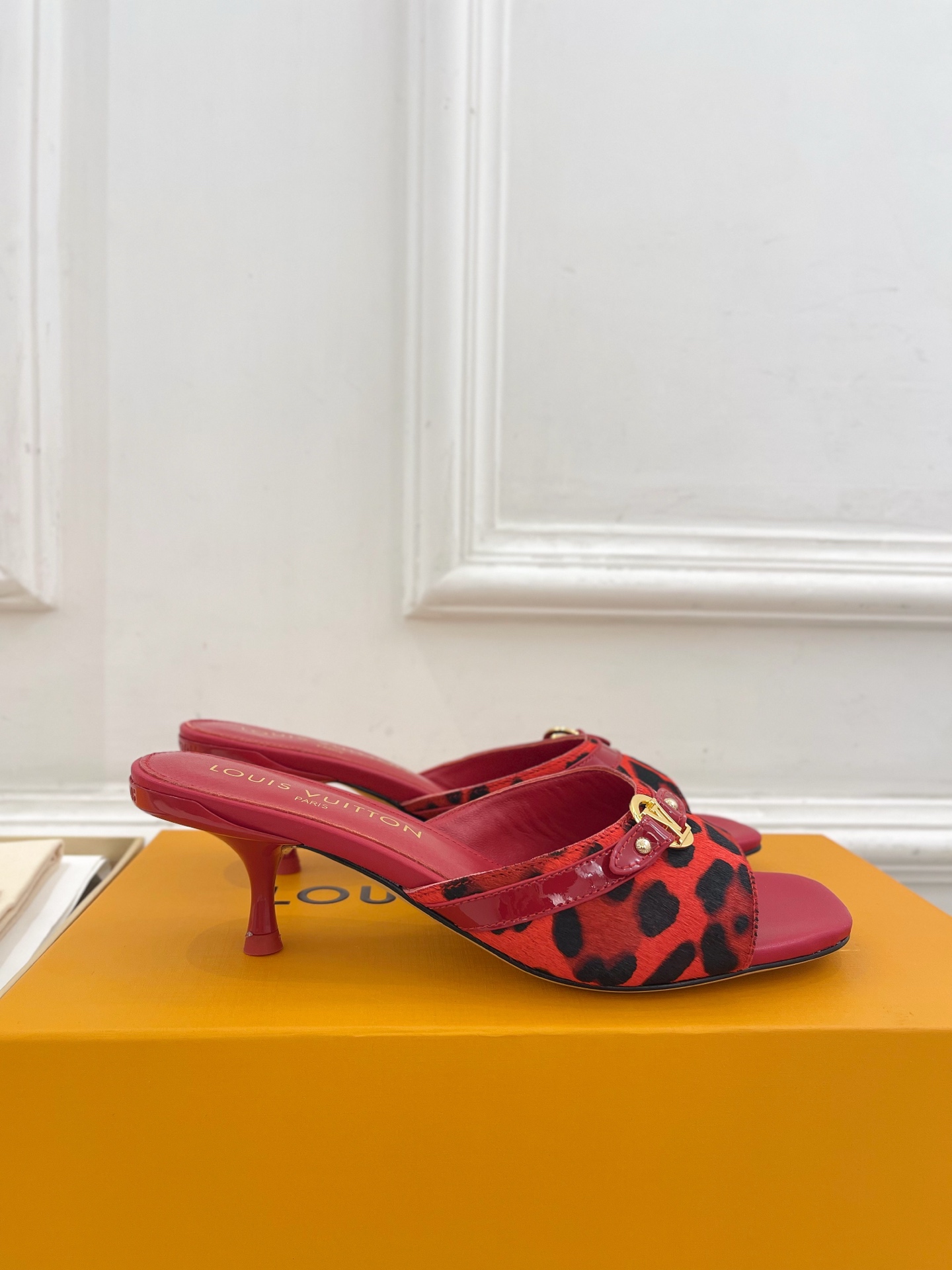 Louis Vuitton Red Leopard Print Slide Sandals with Gold Detail