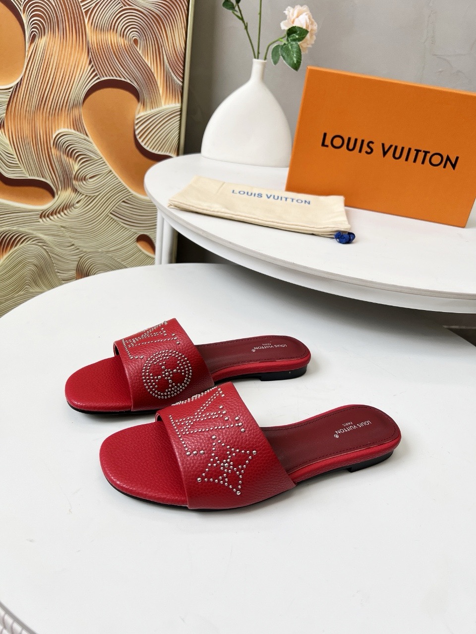 Louis Vuitton Red Slide Sandals with Crystal Monogram