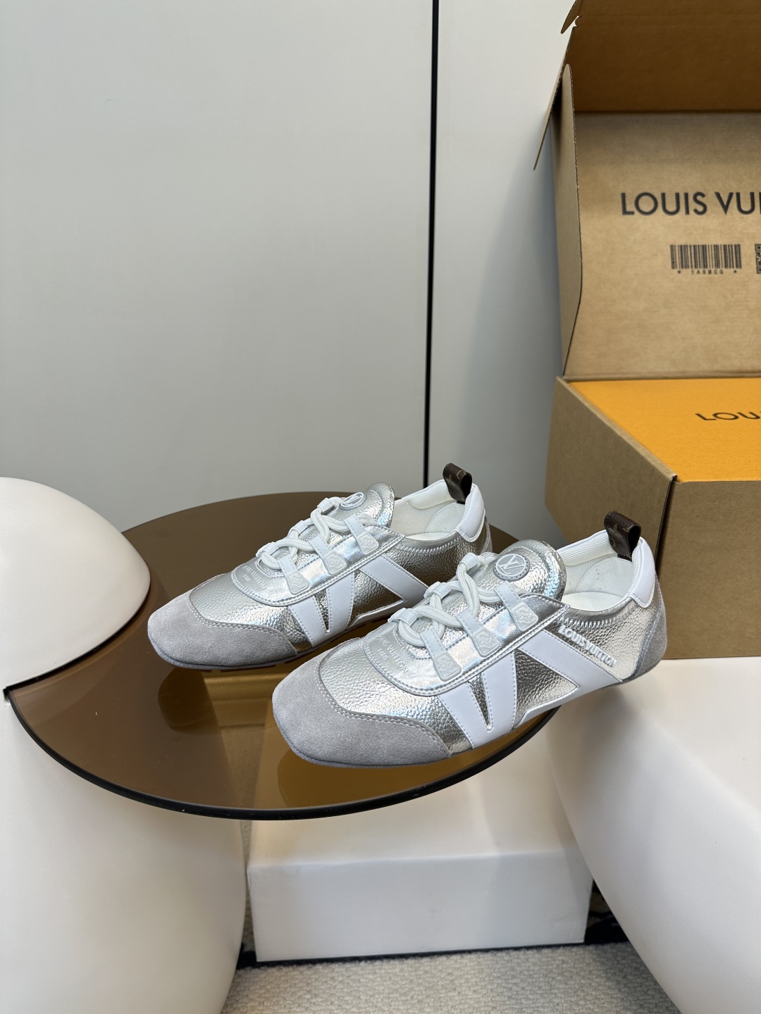 Louis Vuitton Silver Glitter Trainer Sneakers - Suede and Mesh Womenâ€™s Shoes