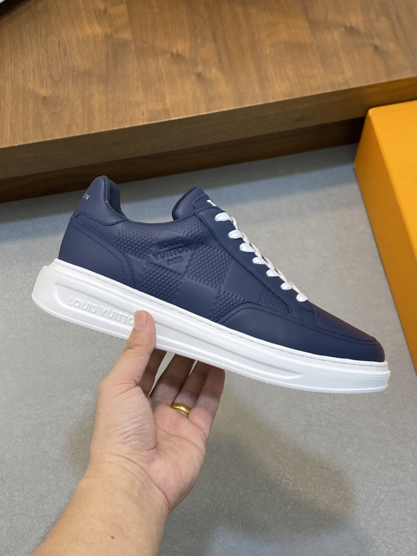 white LV Navy Leather Sneakers - LV Navy Leather White Sole Sneakers