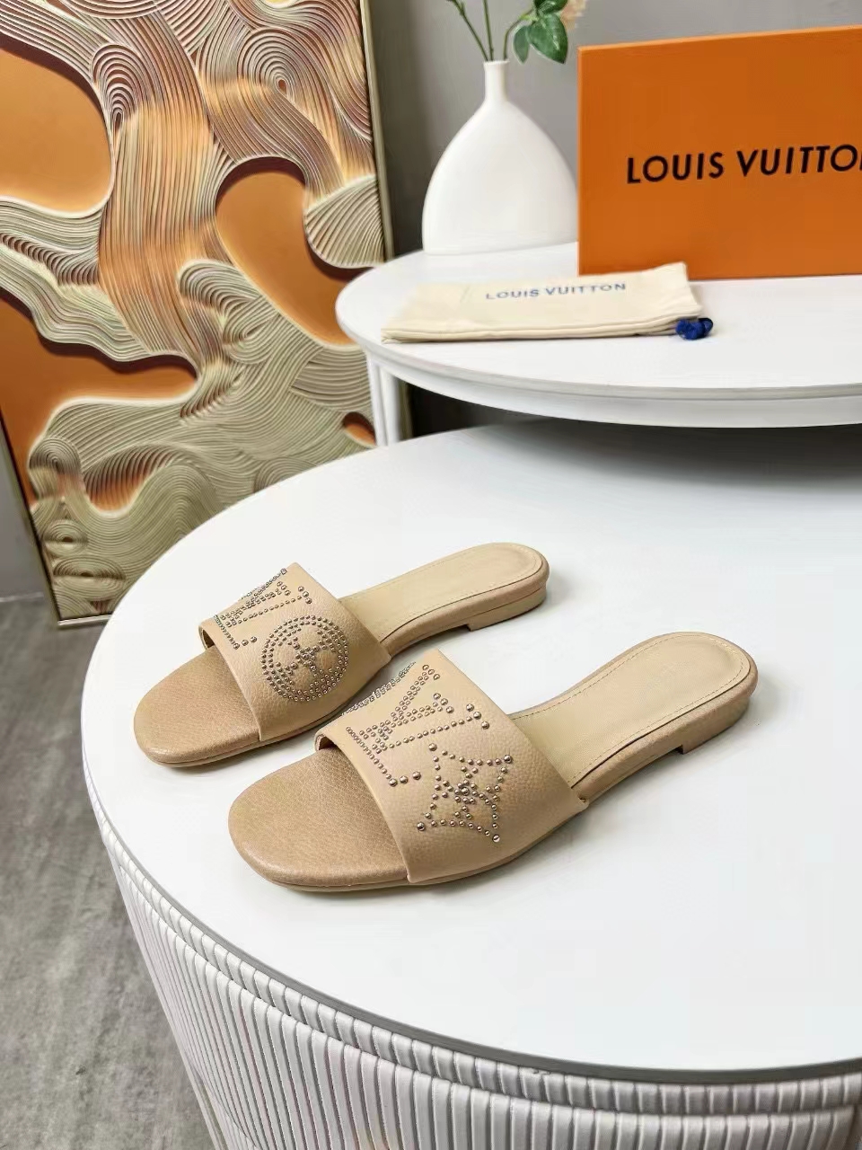 Louis Vuitton Star Embossed Beige Slide Sandals