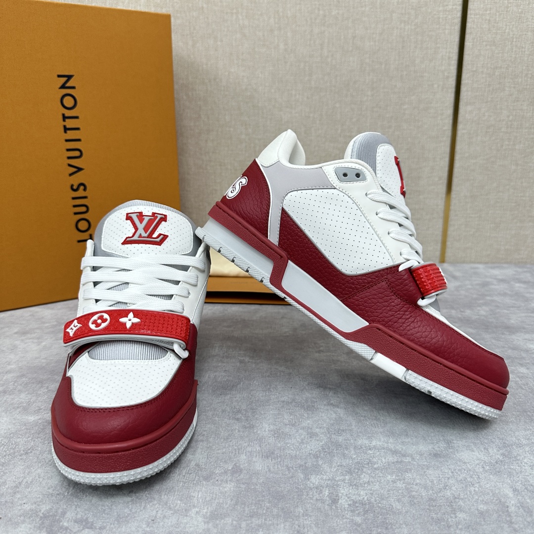 Louis Vuitton Trainer Red and White Sneakers  Monogram Leather Shoes for Men