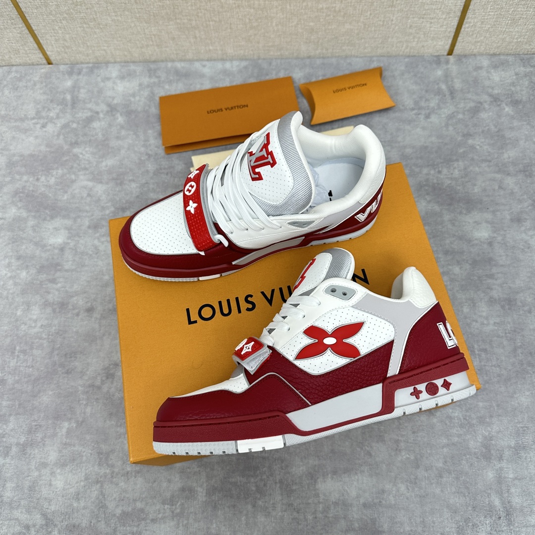 Louis Vuitton Trainer Red and White Sneakers  Monogram Leather Shoes for Men