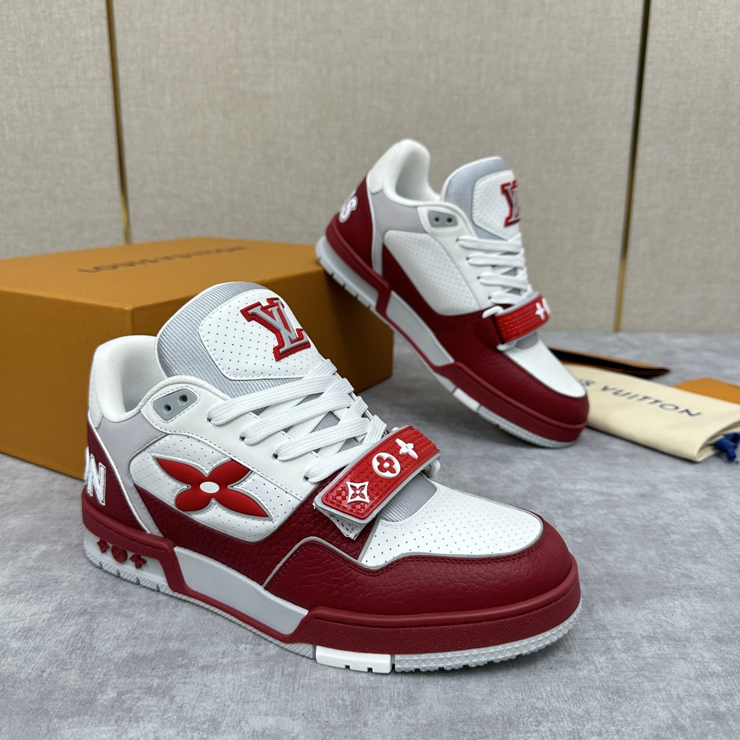 Louis Vuitton Trainer Red and White Sneakers  Monogram Leather Shoes for Men