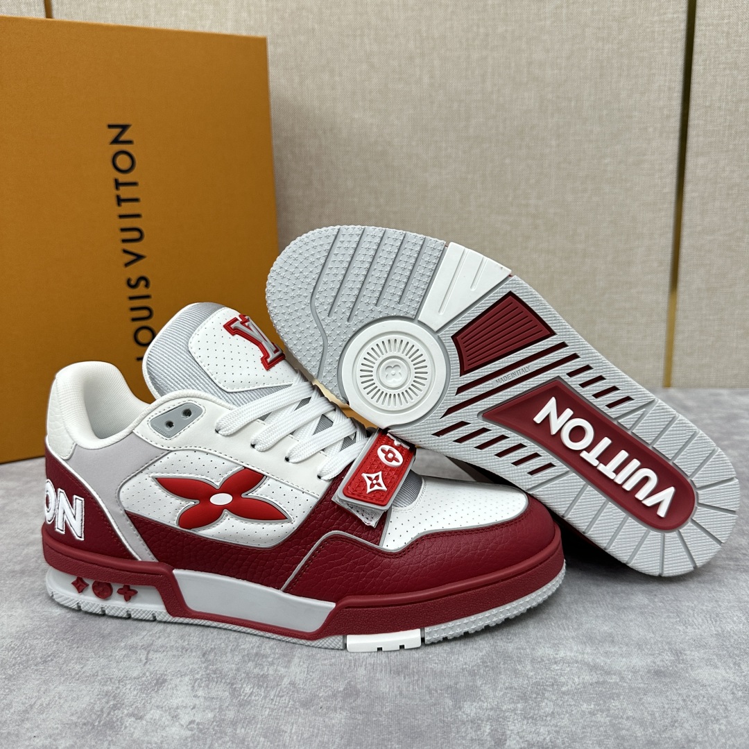 Louis Vuitton Trainer Red and White Sneakers  Monogram Leather Shoes for Men